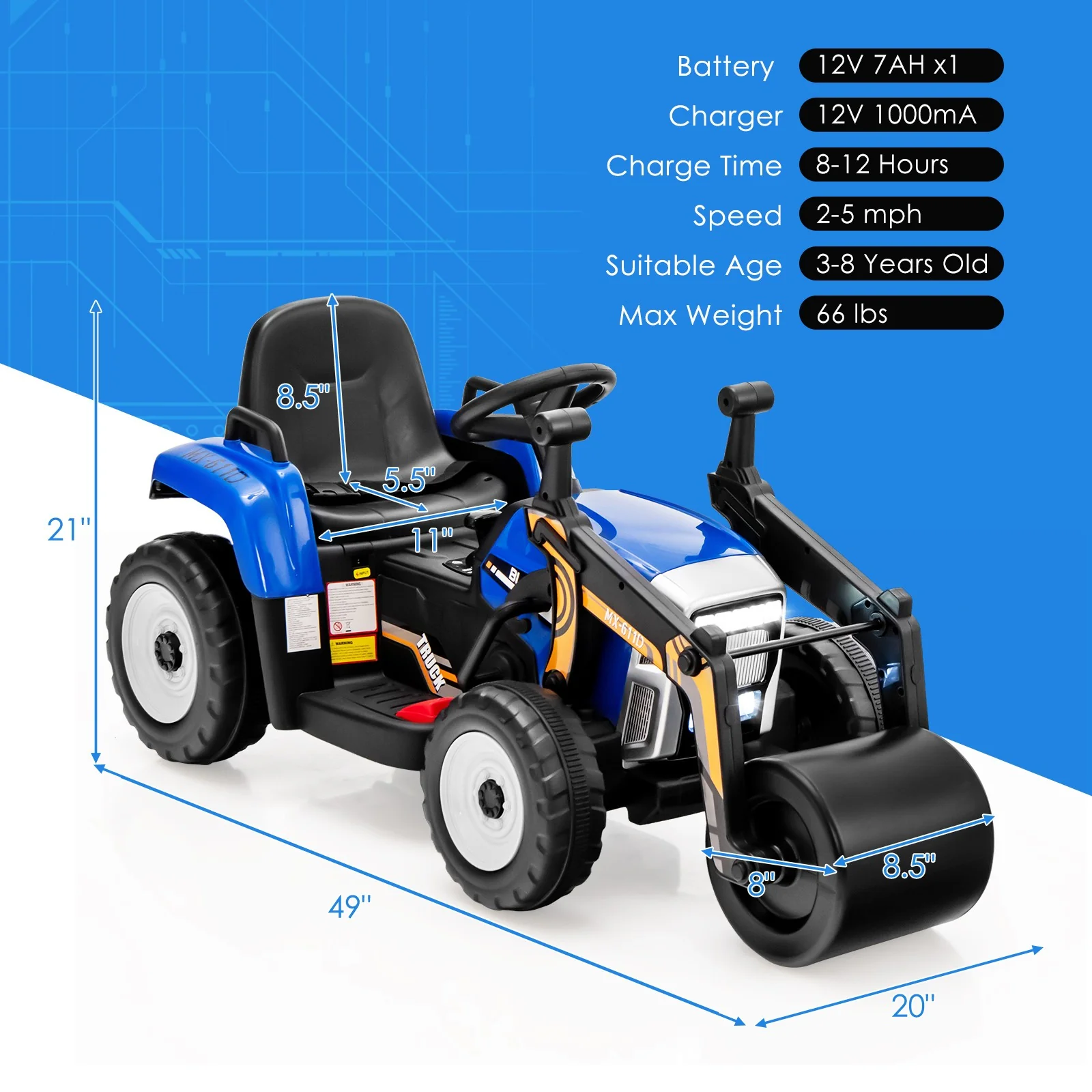 12V Kids Electric Ride-On Tractor with Remote, Music, and LED Lights in Blue - Image 2