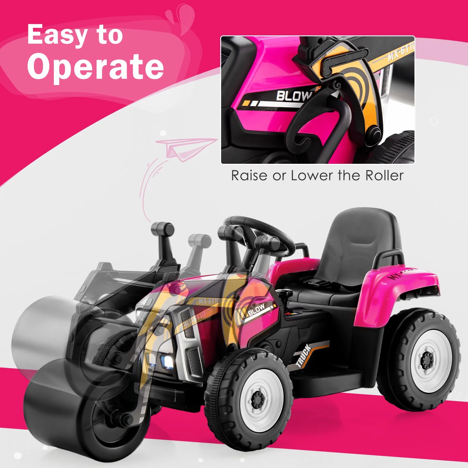 12V Pink Electric Ride-On Tractor for Kids with Remote, Music, and LED Lights - Image 5
