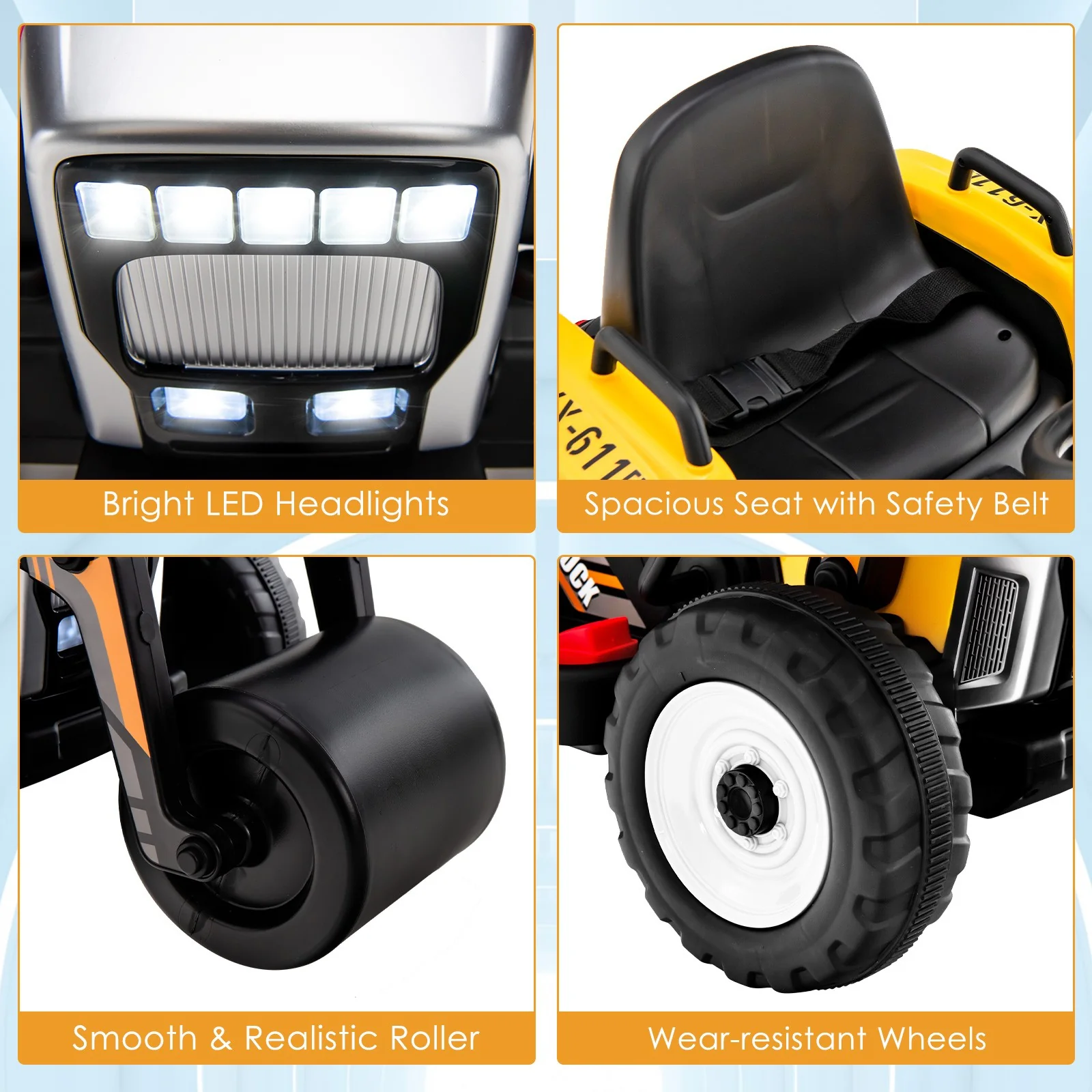 12V Kids Electric Ride-On Tractor with Remote, Music, and LED Lights – Yellow - Image 9