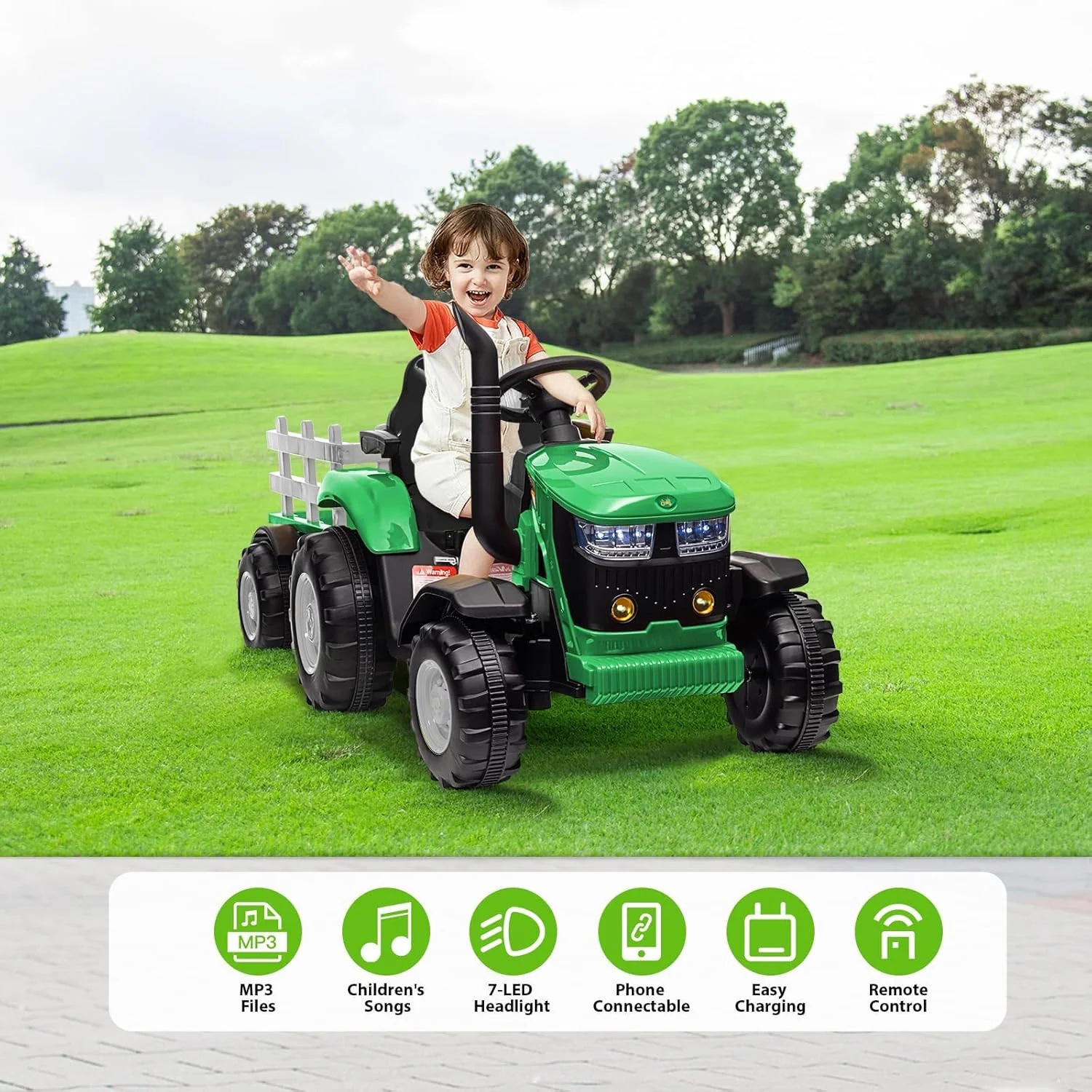 12V Battery-Powered Kids Ride-On Tractor Car Toy with Detachable Trailer - Image 2
