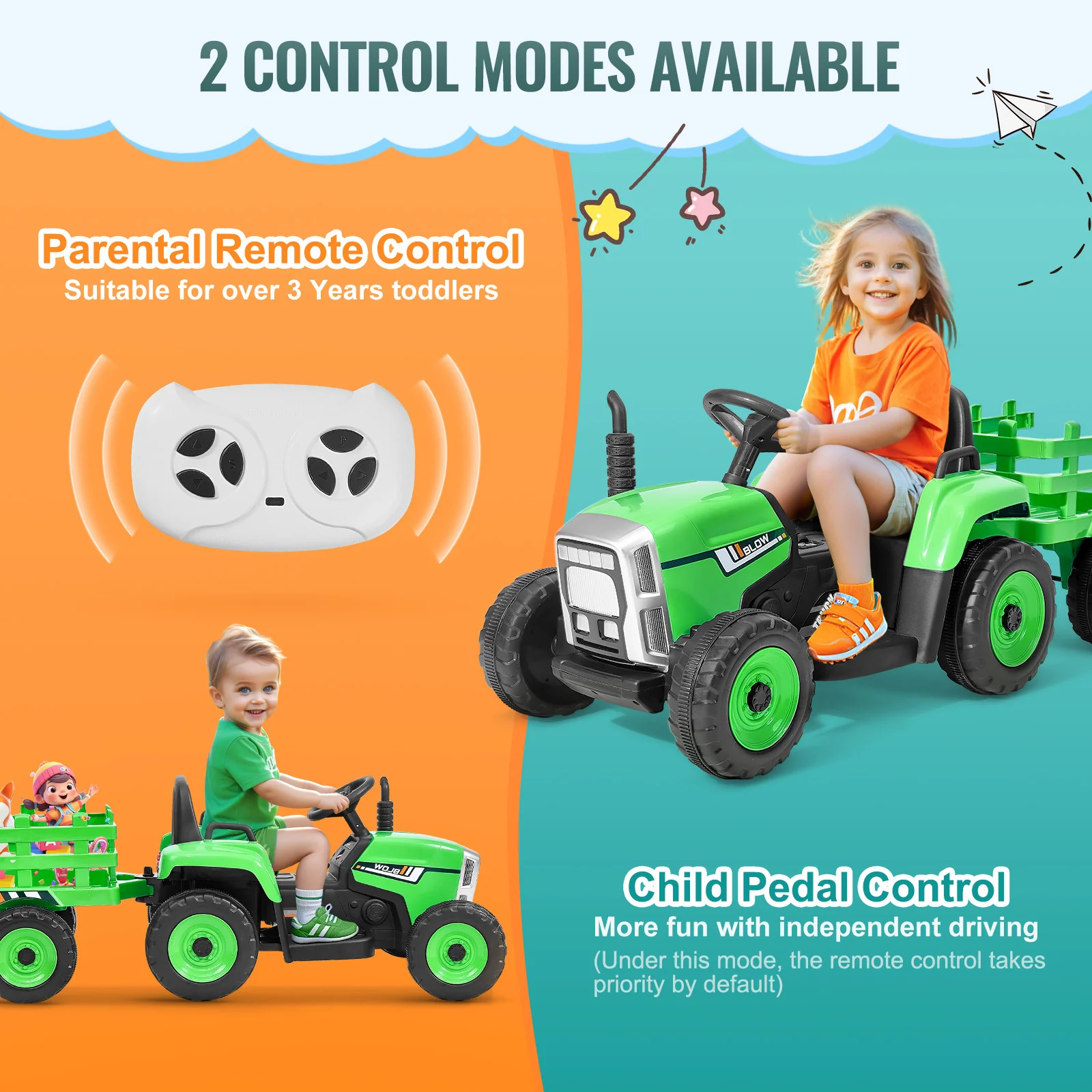 12V Electric Ride-On Kids Tractor Toy with Trailer and Remote Control - Image 3