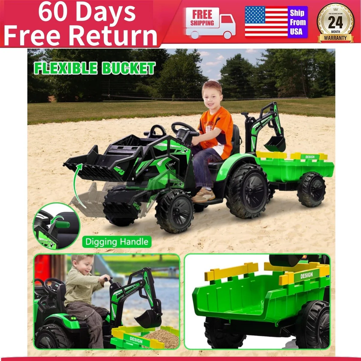 Kids Electric Ride-On Tractor Excavator Bulldozer Vehicle with Trailer and LED Lights - Image 10