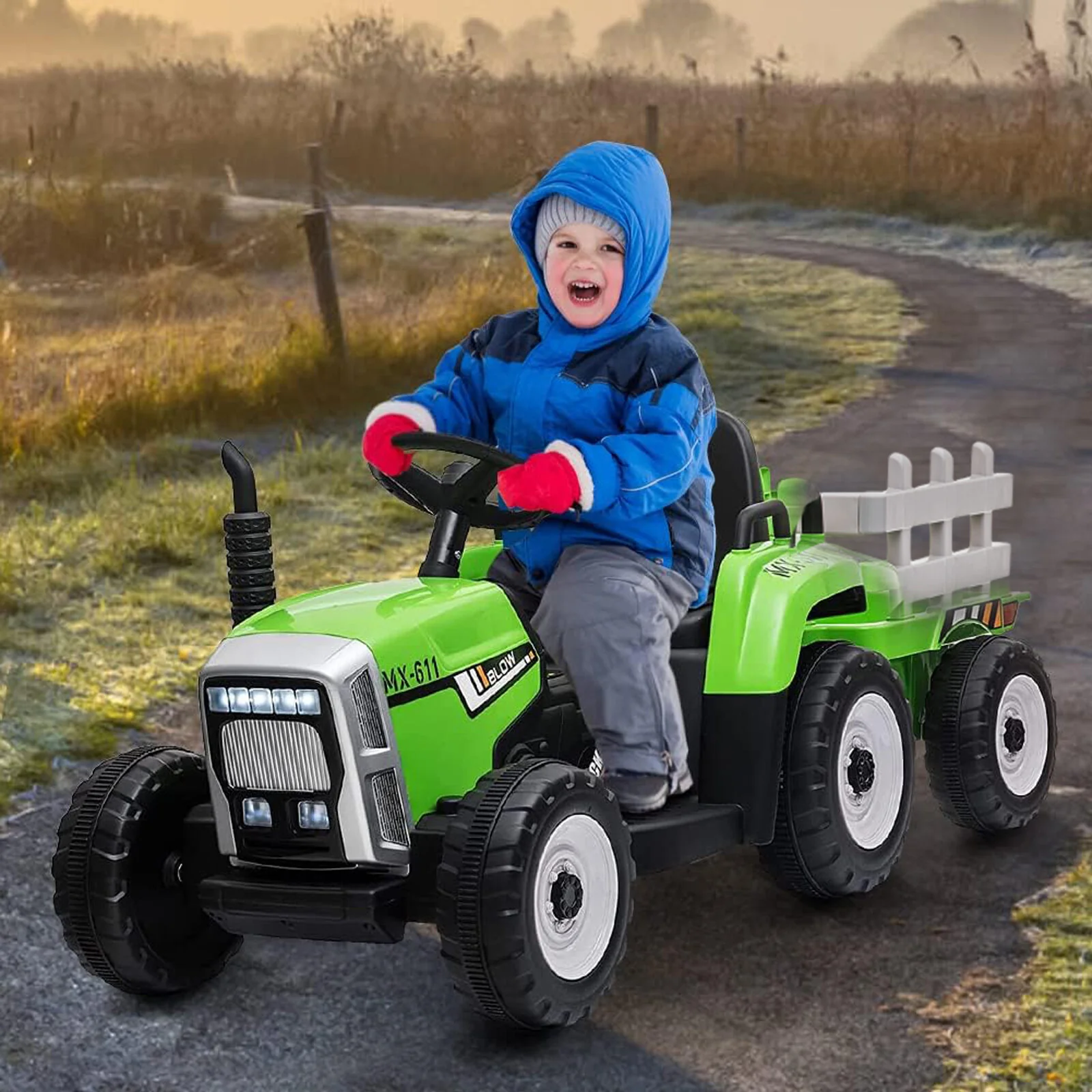 12V Battery Powered Kids Ride-On Tractor with Trailer, Remote Control and LED Lights - Image 11