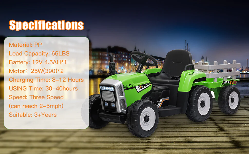 12V Electric Ride-On Tractor with Trailer Battery Powered Toy for Kids Boys and Girls - Image 10