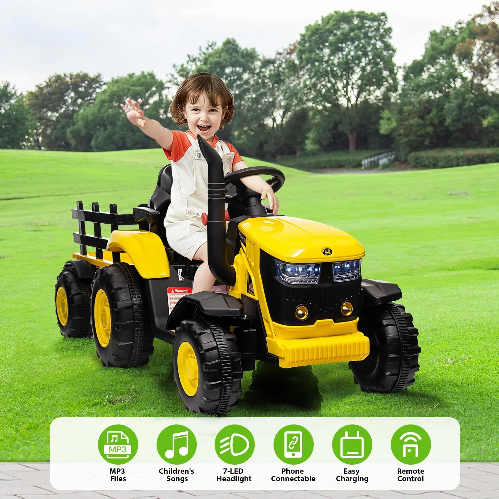 12V Battery-Powered Kids Ride-On Electric Tractor with Trailer and LED Lights - Image 17