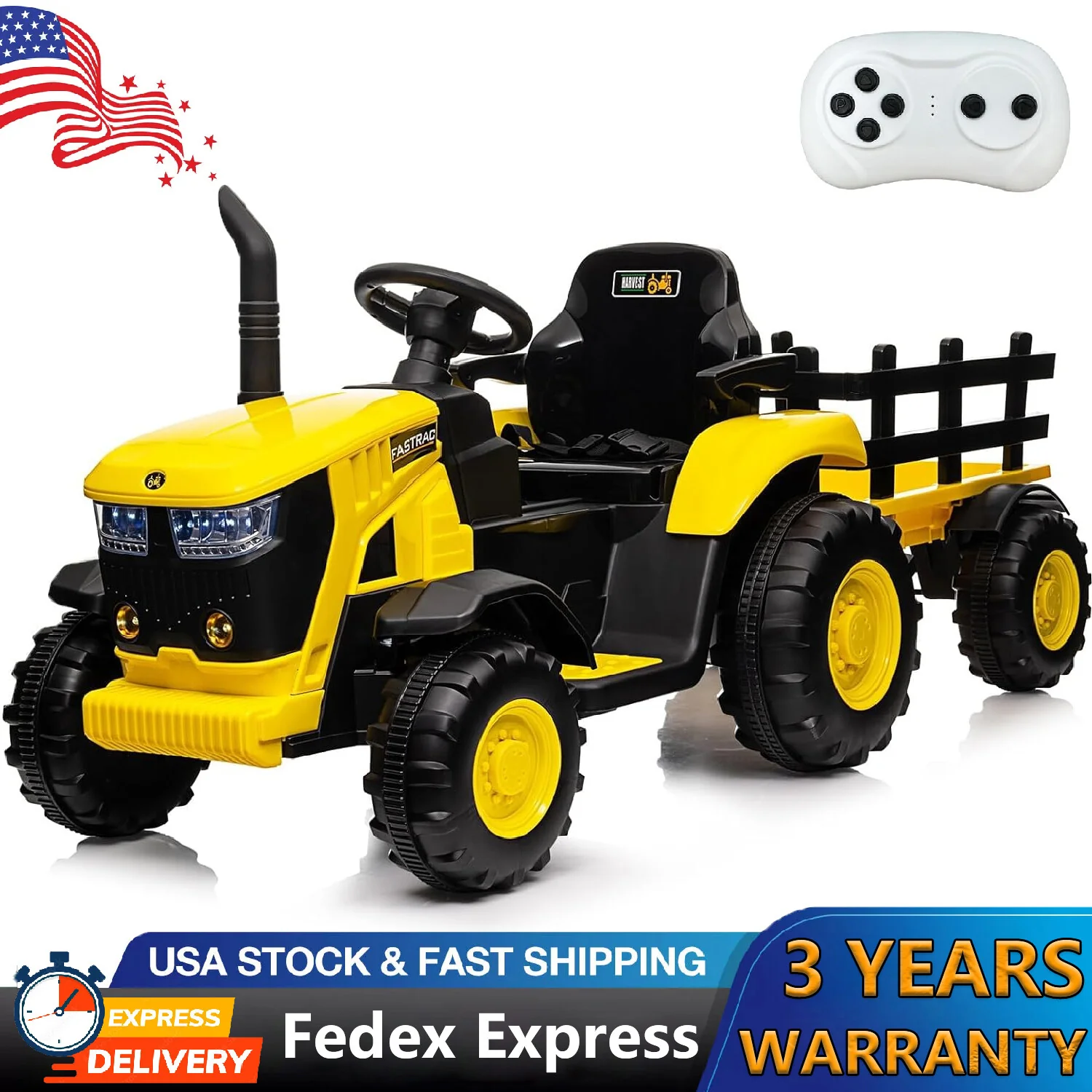Kids 12V Electric Ride-On Tractor with Trailer, Battery Powered Toy Vehicle
