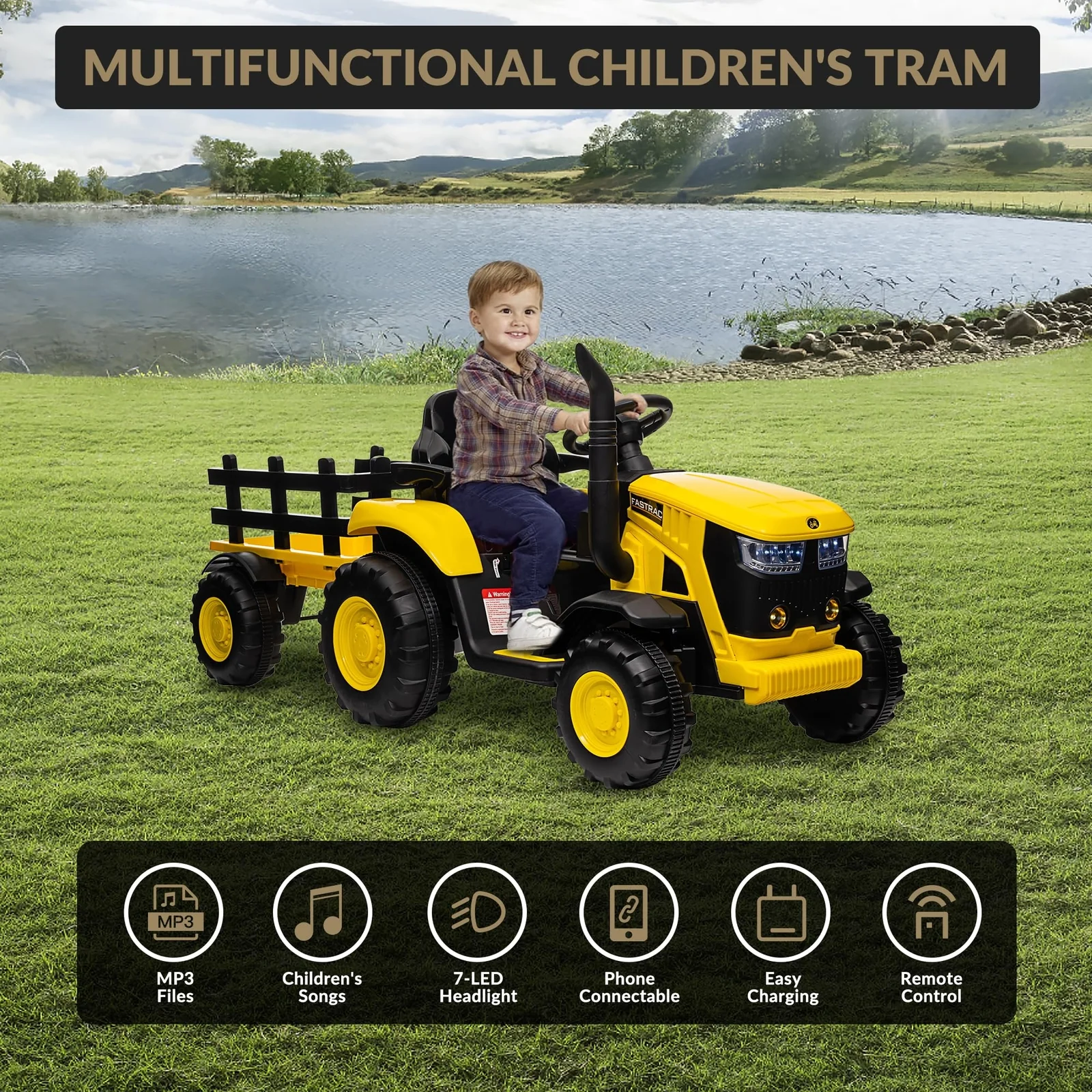 Kids 12V Electric Ride-On Tractor with Trailer, Battery Powered Toy Vehicle - Image 5