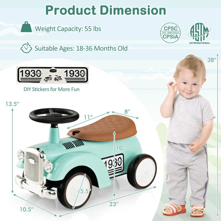 Kids Sit-to-Stand Ride-On Vehicle with Working Steering Wheel and Under-Seat Storage Green - Image 5