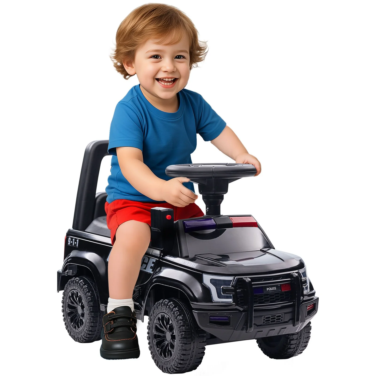 Kids Sliding Police Truck Ride-On Car with Under-Seat Storage in Black - Image 3