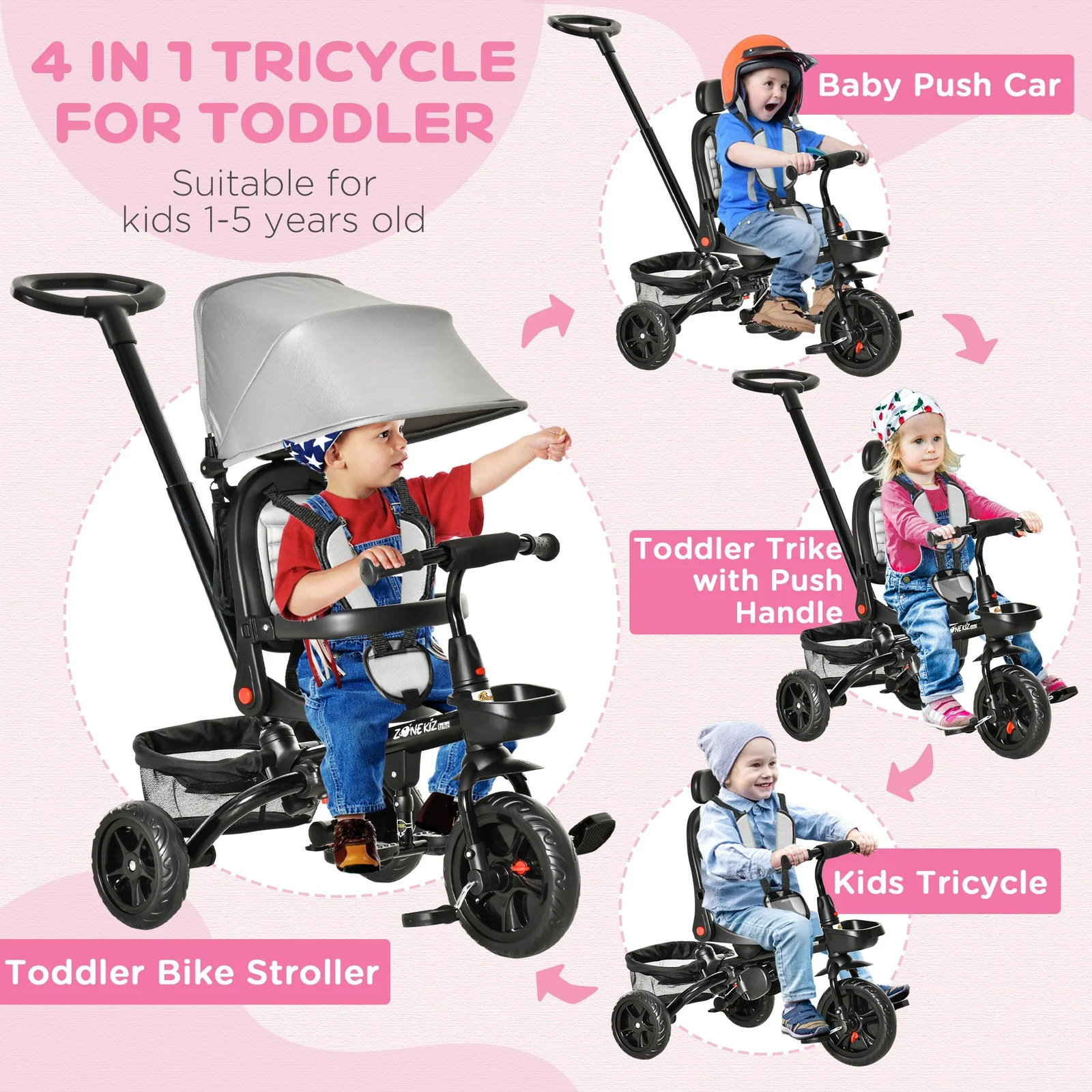 4-in-1 Kids Tricycle with Reversible Seat Gray - Image 5