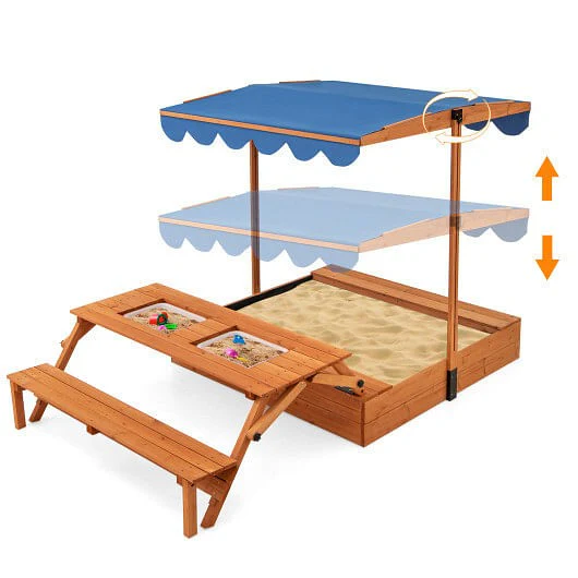 Natural Kids Wooden Sensory Sandbox with Foldable Picnic Table and Bench - Image 6
