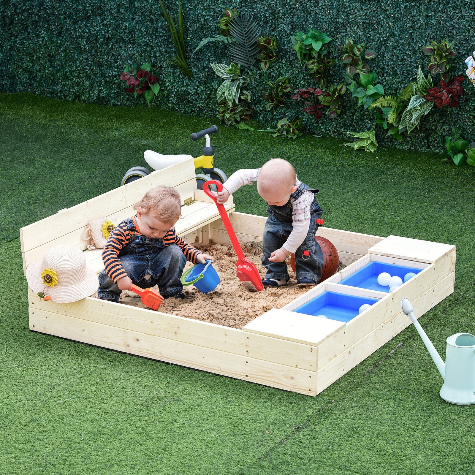 Wooden Kids Sandbox with Two Plastic Boxes, Foldable Bench Seat, and Waterproof Cover - Image 2