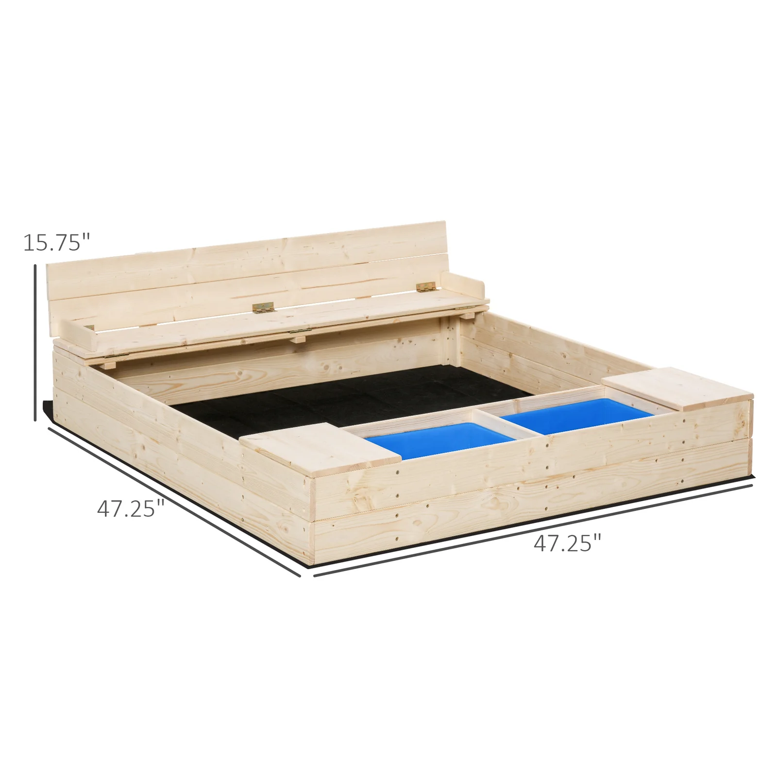 Wooden Kids Sandbox with Two Plastic Boxes, Foldable Bench Seat, and Waterproof Cover - Image 3