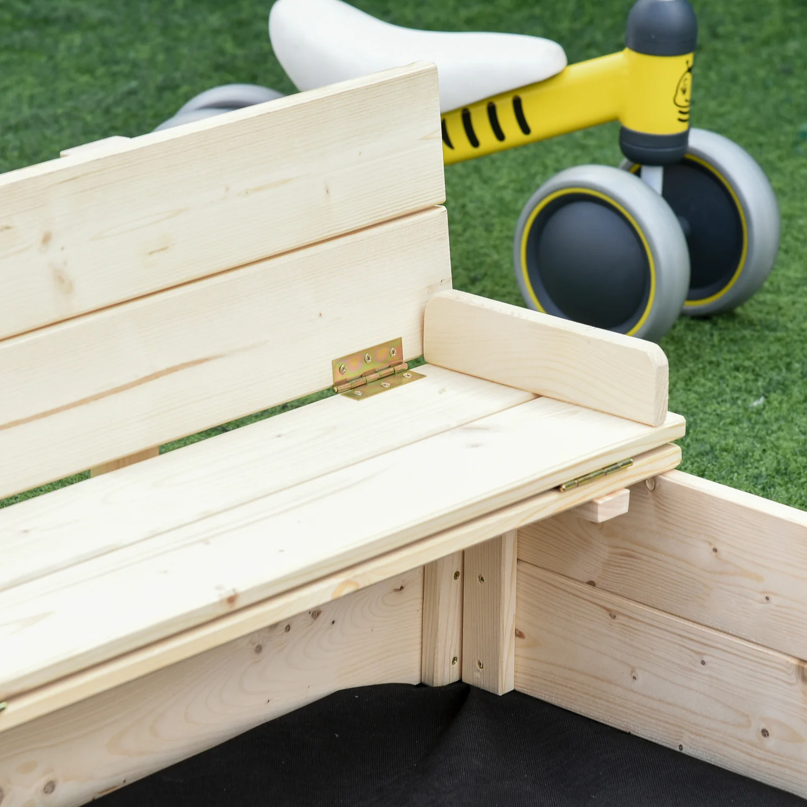 Wooden Kids Sandbox with Two Plastic Boxes, Foldable Bench Seat, and Waterproof Cover - Image 5