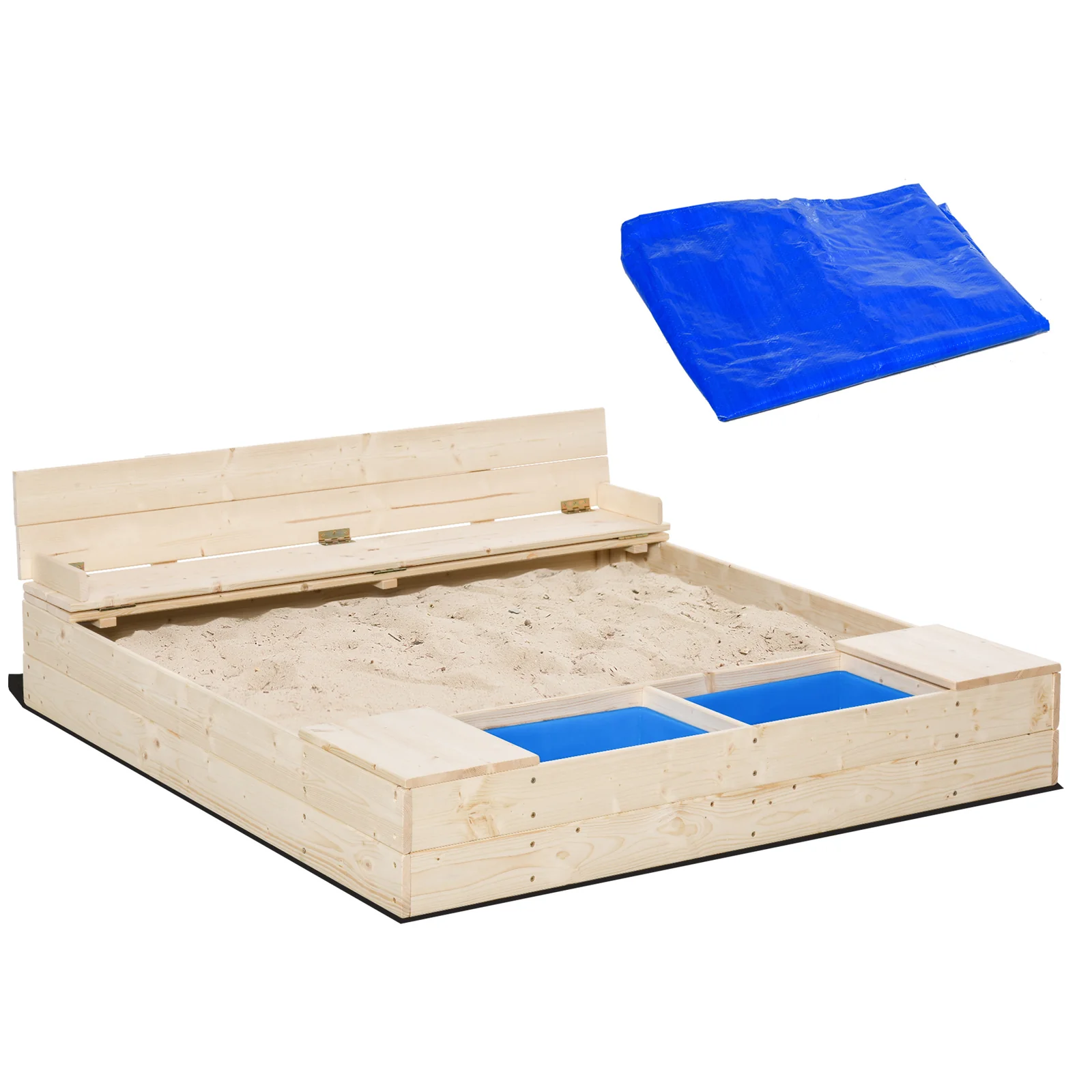 Wooden Kids Sandbox with Two Plastic Boxes, Foldable Bench Seat, and Waterproof Cover - Image 6