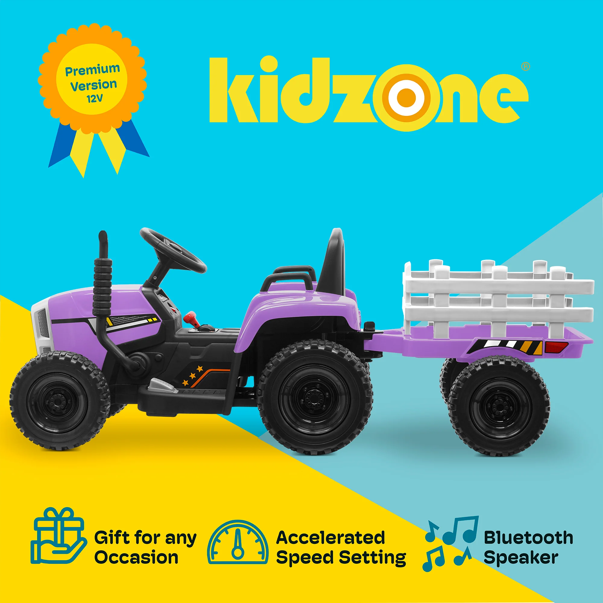 12V Kids Electric Ride-On Tractor with Trailer, LED Lights, and Bluetooth - Image 2