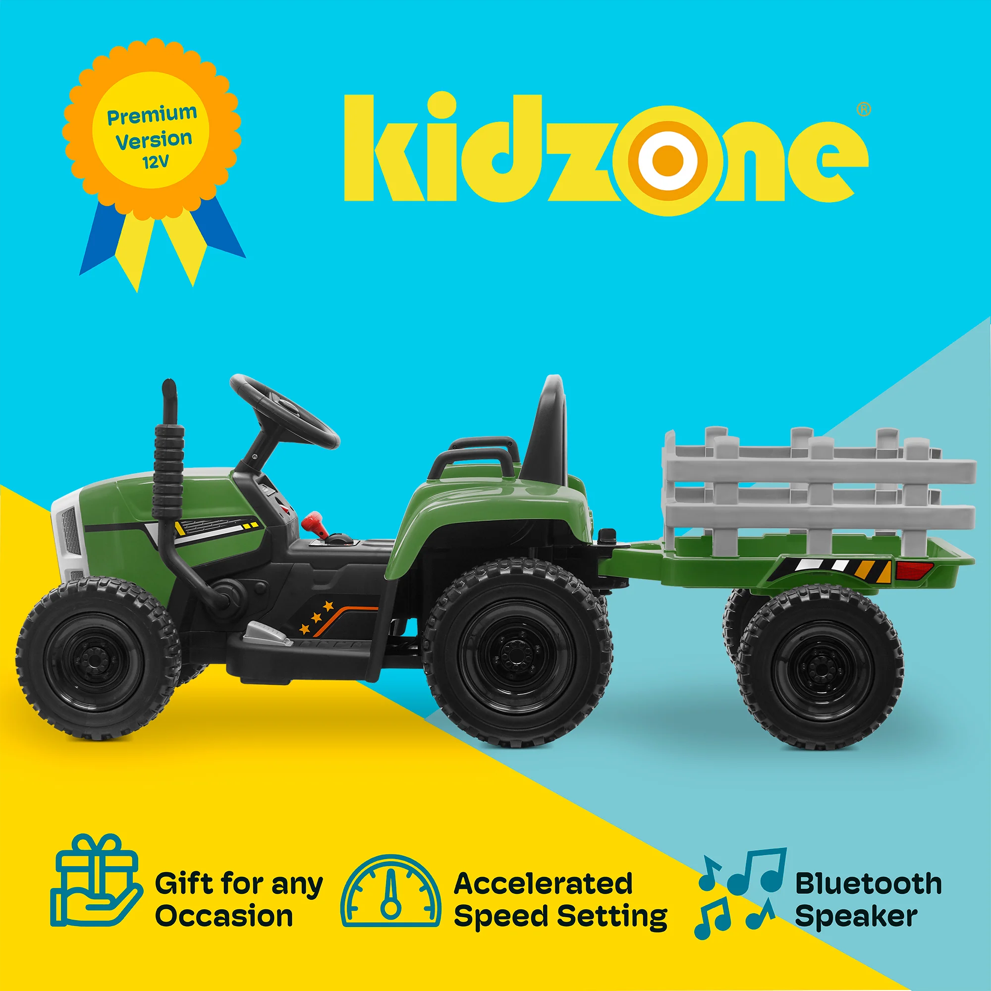 Kidzone 12V Electric Tractor with Trailer and LED Lights, Bluetooth Connectivity for Kids - Image 8