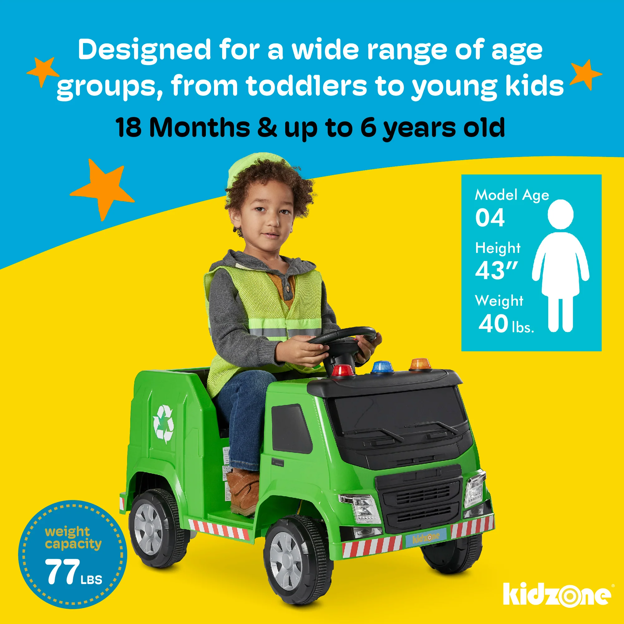 Kidzone 6V Garbage Truck Ride On Toy with LED Lights and Recycling Accessories - Image 11