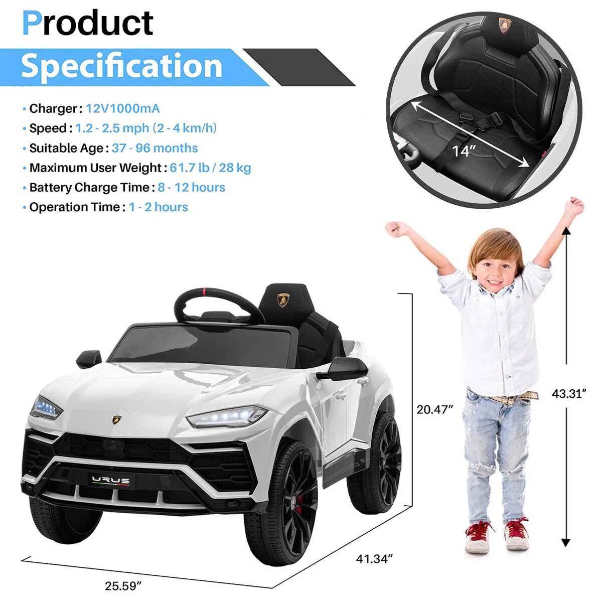 Kimbosmart 12V Licensed Lamborghini Urus Kids Ride On Car with Remote Control - A Thrilling Toy for Young Drivers - Image 7