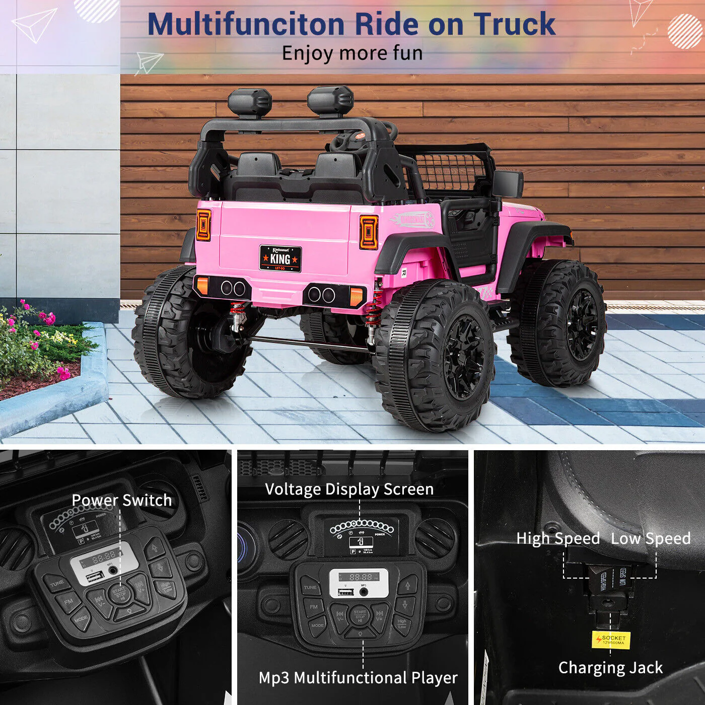 Kimbosmart 24V 4WD Children's Electric Ride-On Truck with Remote Control and Battery Level Alert - Image 5