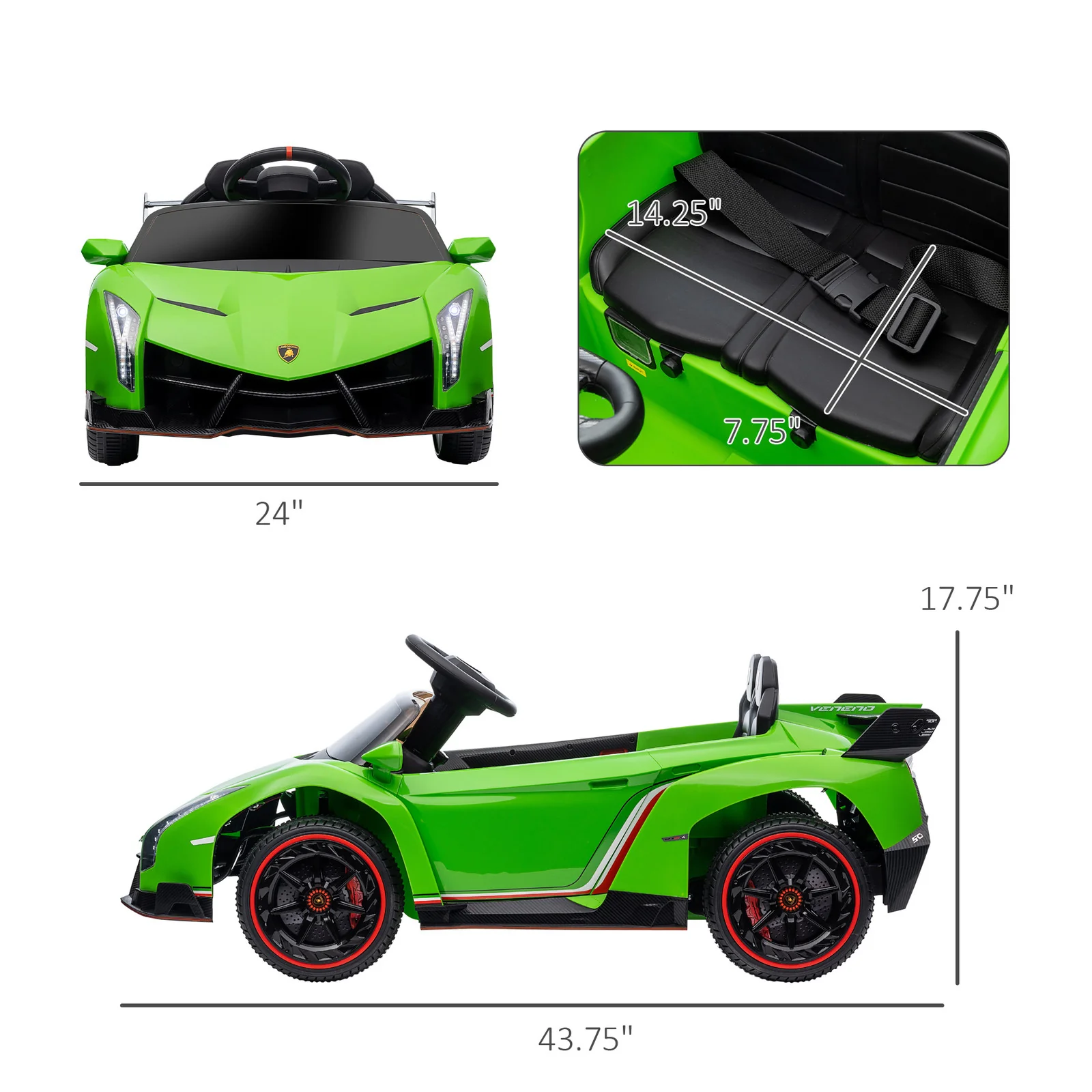 Licensed Lamborghini Veneno Kids Ride-On Car with Bluetooth Green - Image 2