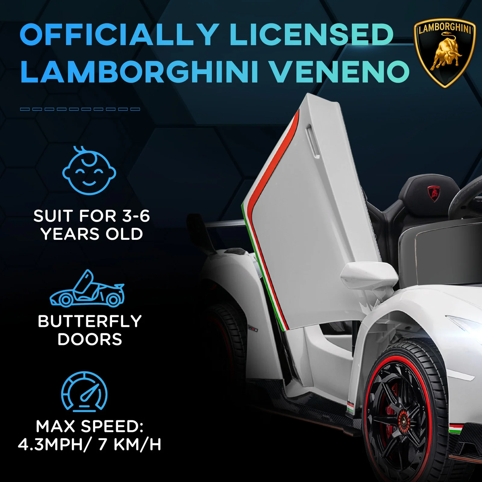 Licensed Lamborghini Veneno Kids Ride-On Car with Bluetooth and Music - Image 5
