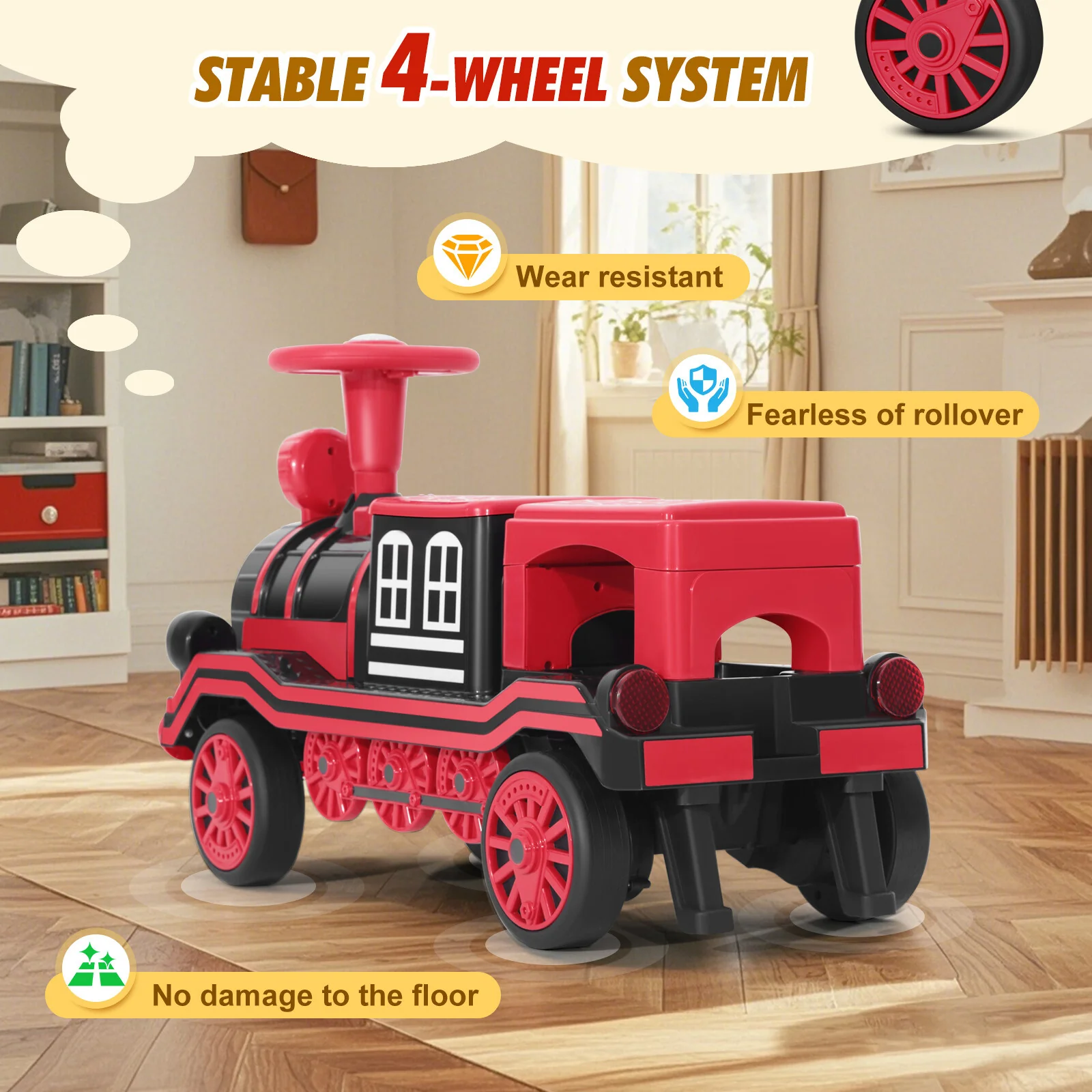 12V Electric 2-Seater Kids Ride-On Train with Music, Lights, Storage – Red - Image 6