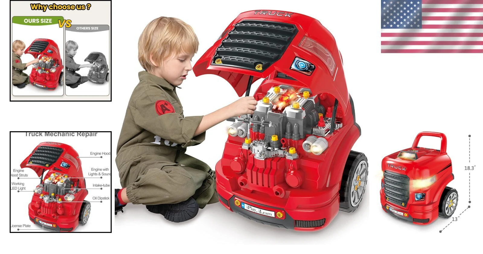 Large Take Apart Truck Engine Set with RC Key and Realistic Sounds for Ages 3-8 - Image 2
