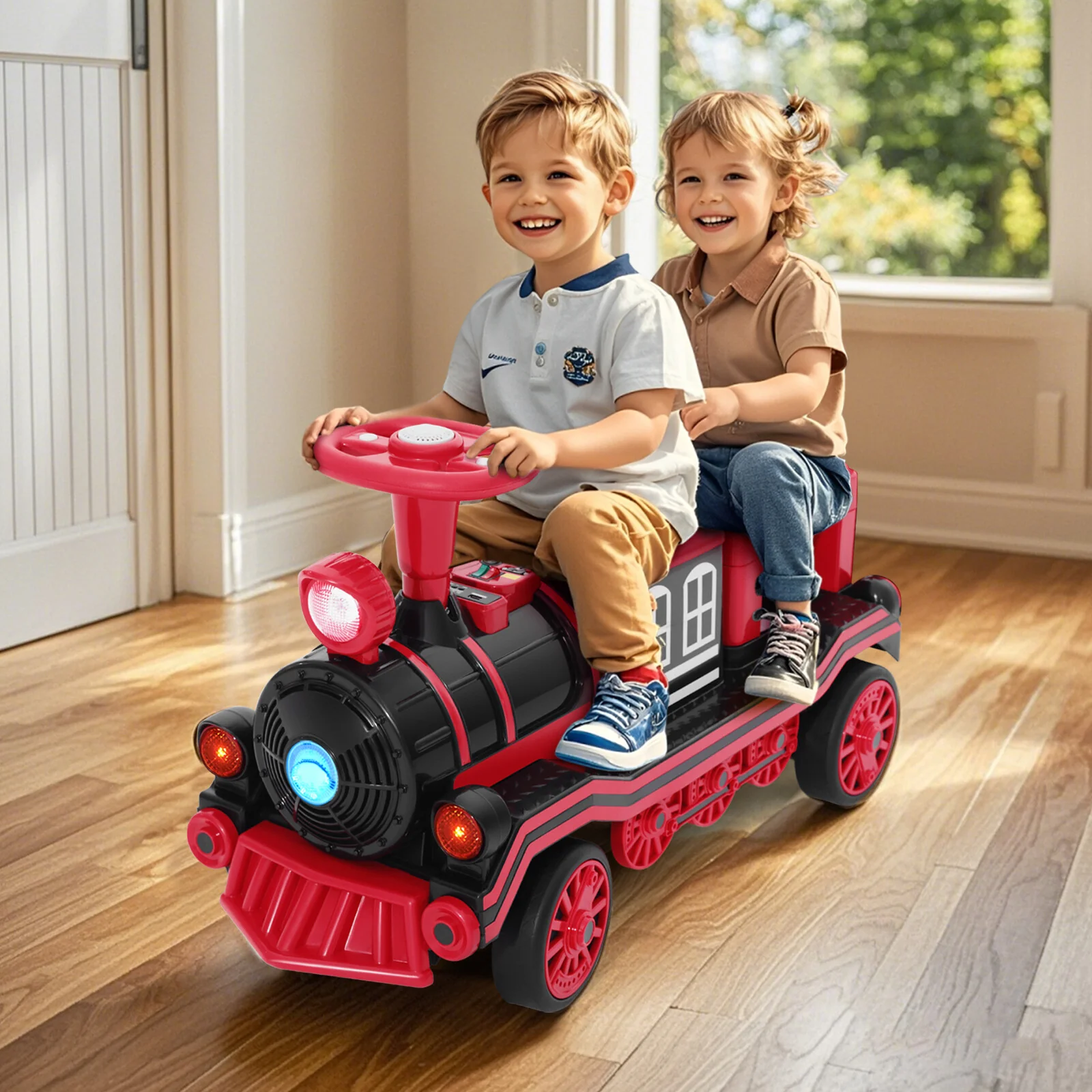 12V Two-Seater Electric Kids Ride-On Train Car with Music, Lights, and Horn - Red/Blue - Image 2