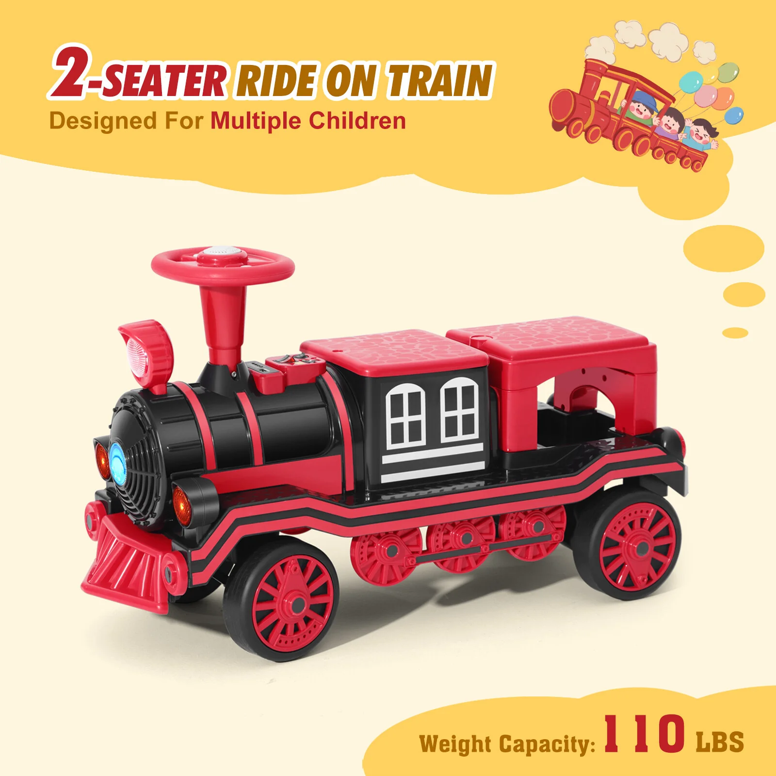 12V Two-Seater Electric Kids Ride-On Train Car with Music, Lights, and Horn - Red/Blue - Image 5