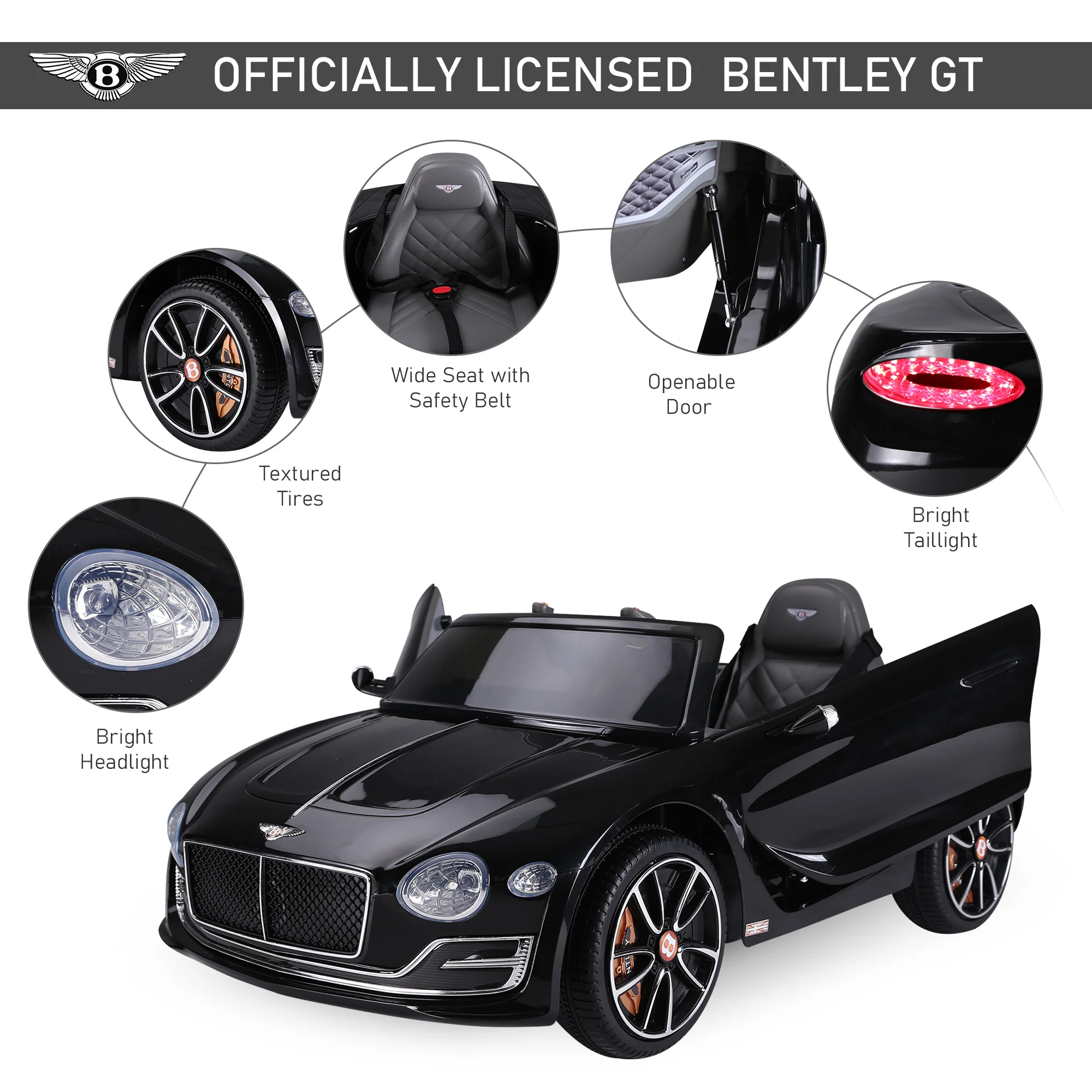 Licensed 12V Bentley Ride On Car for Kids with Parent Remote Control - Black - Image 19
