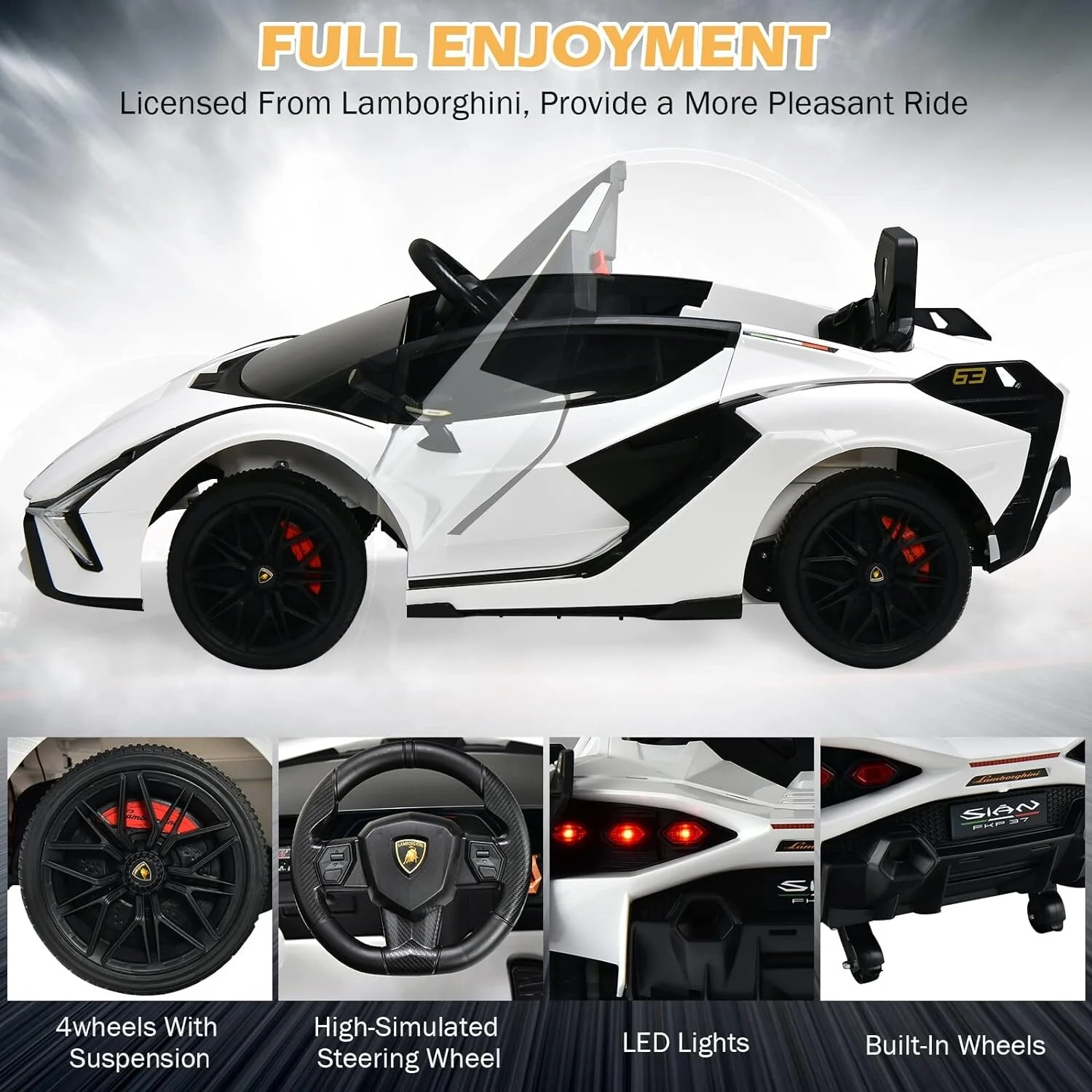 12V Lamborghini Sian Ride-On Car with Adjustable Seat and Safety Belt - Image 7
