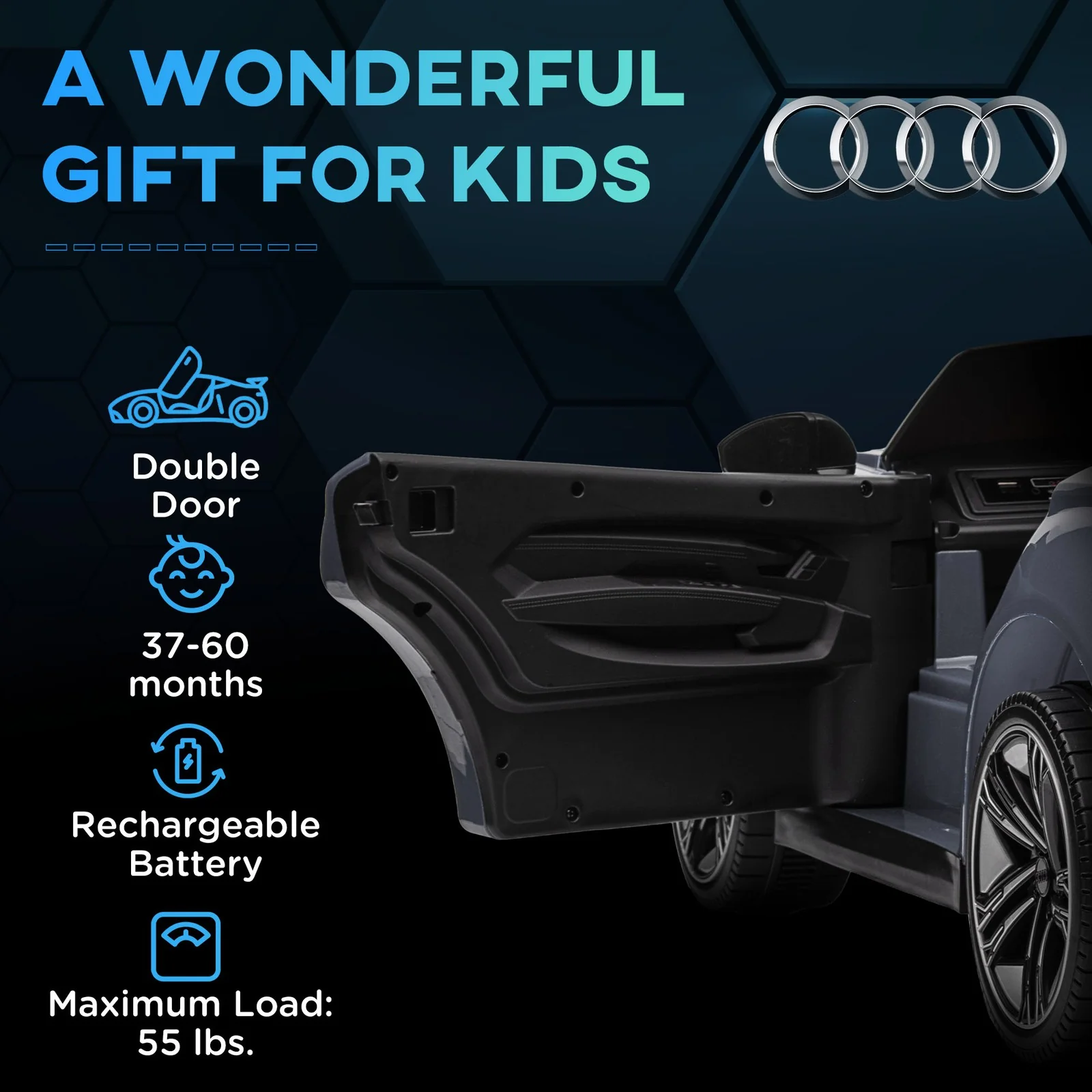 Licensed Audi 12V Electric Ride-On Car with Remote Control and Horn – Gray - Image 10
