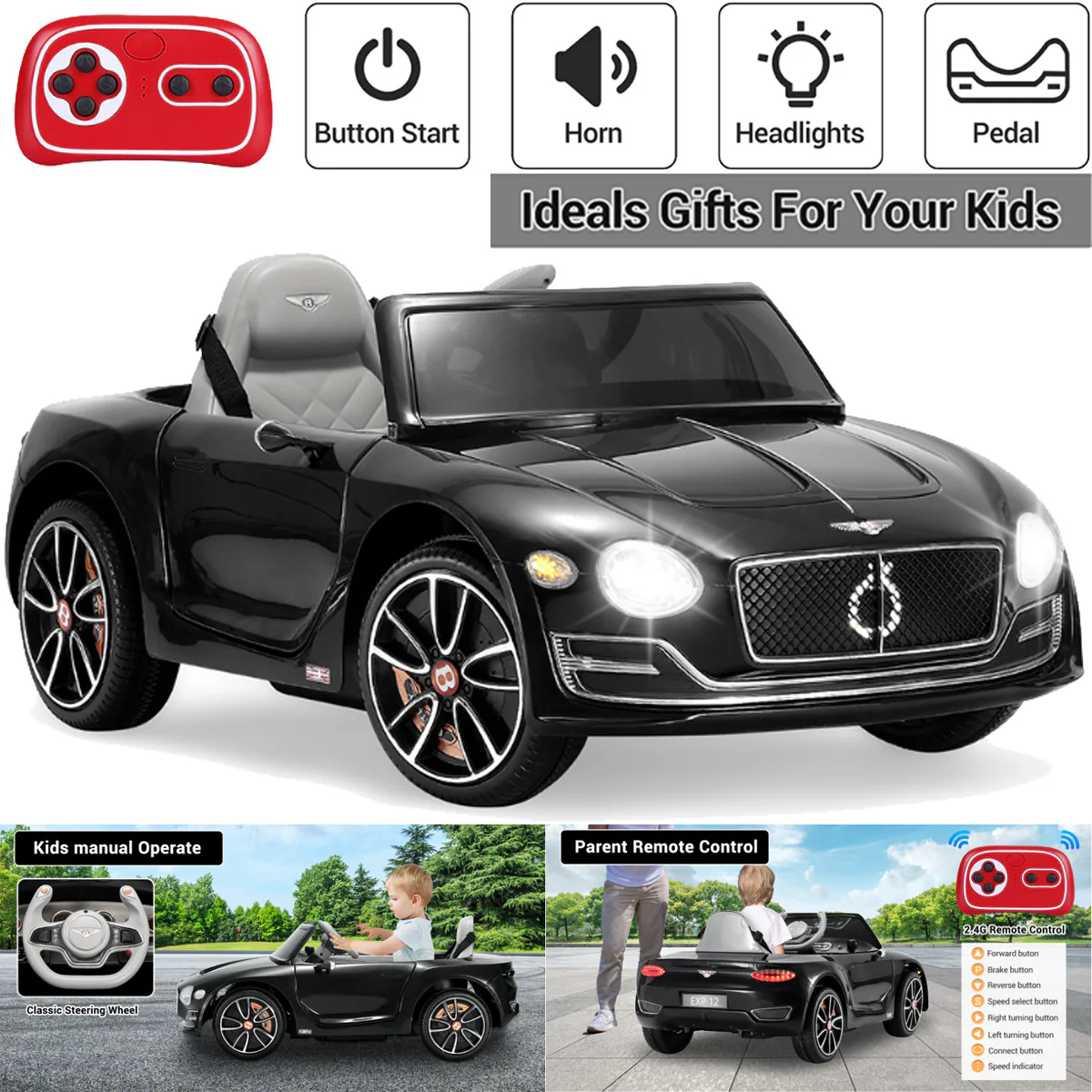 Licensed Bentley 12V Kids Electric Ride-On Car with Remote Control and LED Lights