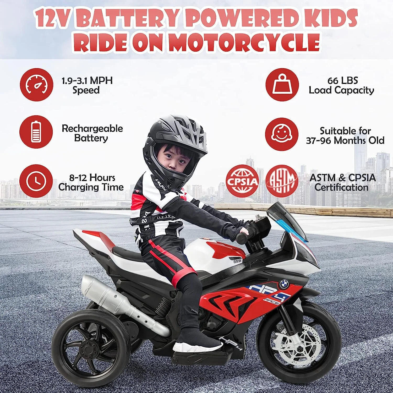 Licensed BMW 12V Battery Powered Ride-On Motorcycle for Kids with Headlights - Image 4