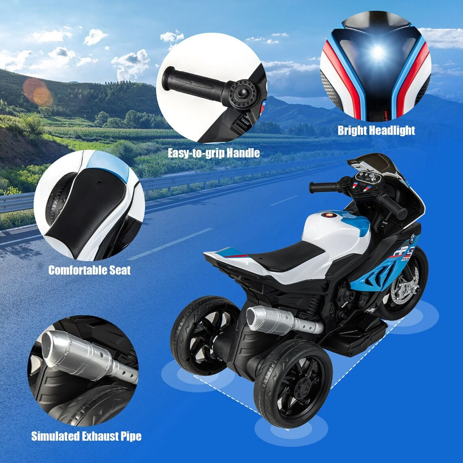 Licensed BMW 3-Wheel Electric Ride-On Motorcycle for Kids with Light and Music - Image 3