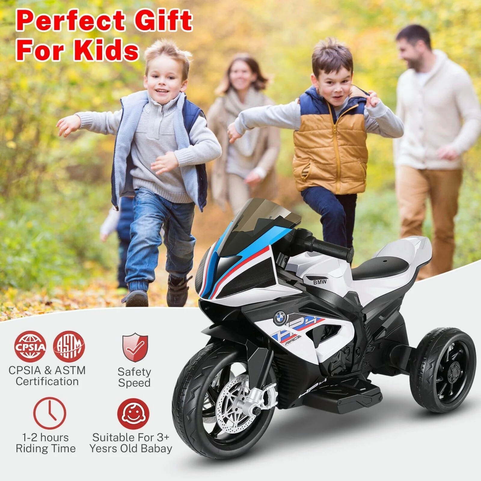 Licensed BMW 3-Wheel Electric Ride-On Motorcycle for Kids with Lights - White - Image 3