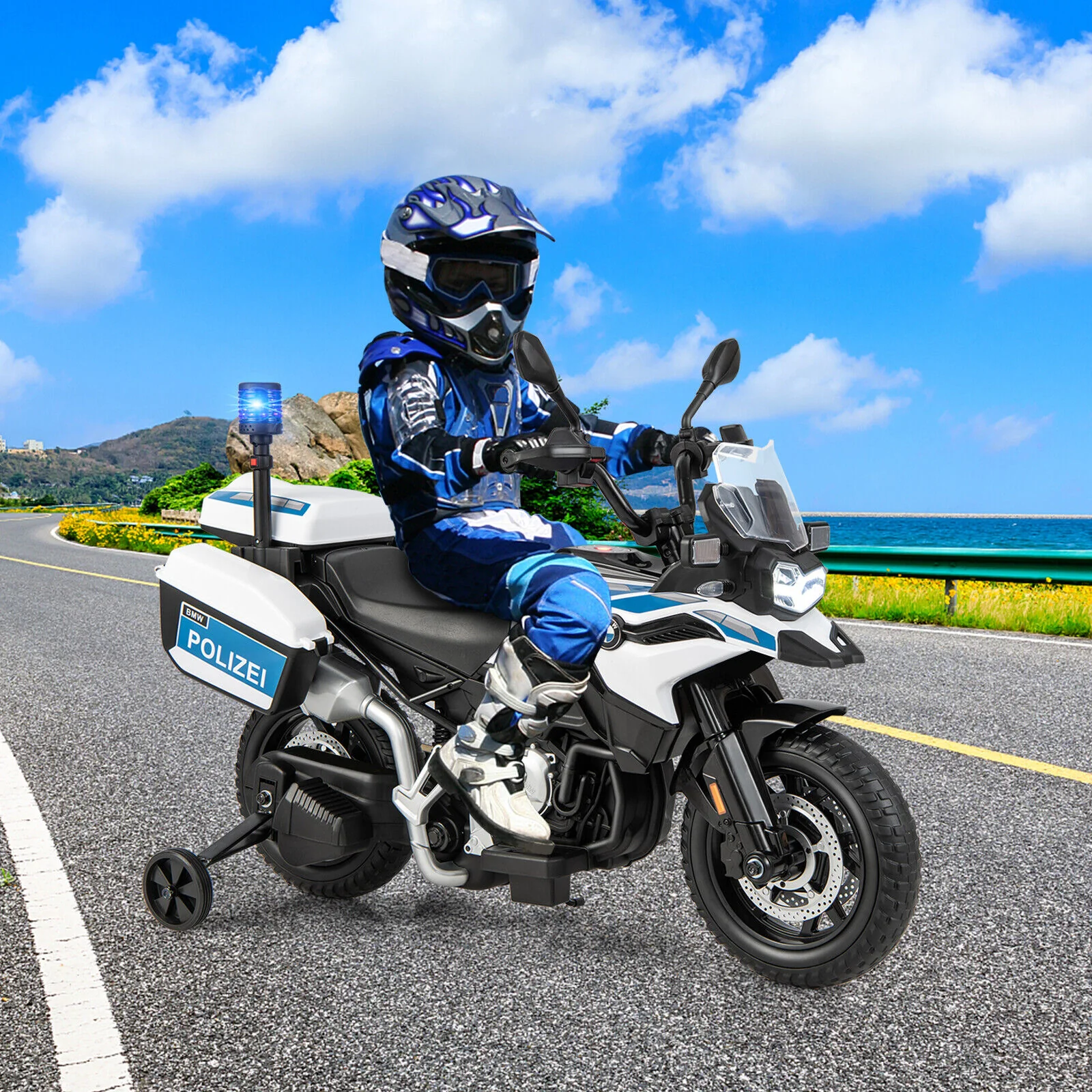Licensed BMW Police Motorcycle Ride-On for Kids with Music and Lights - 12V White Dirt Bike - Image 3