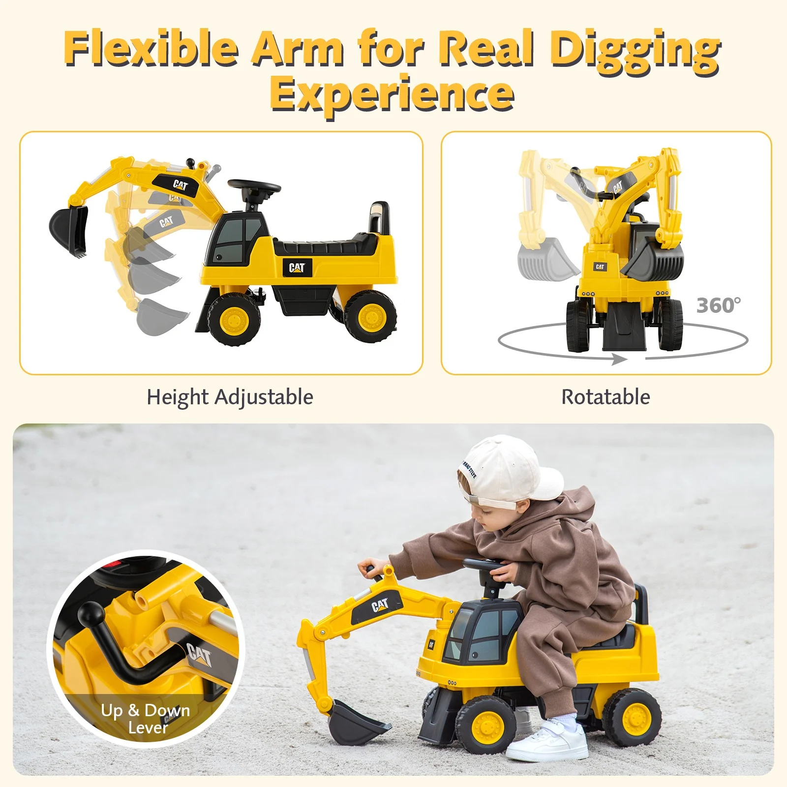 Licensed Caterpillar Kids Ride-On Excavator with Rotatable Digging Bucket and Storage - Image 6