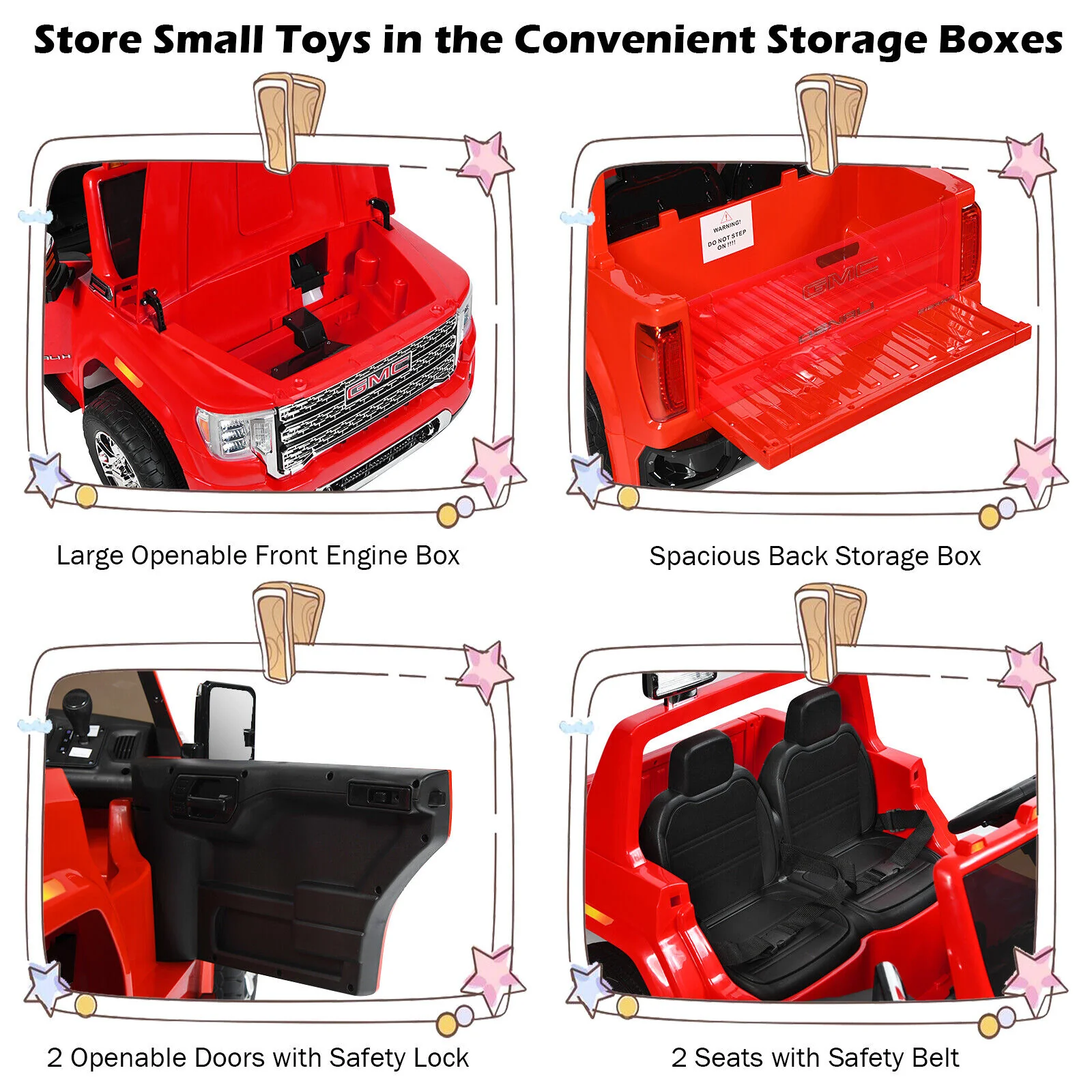 Licensed GMC 2-Seater Kids Ride On Truck with RC Control and Storage Box - Red - Image 10