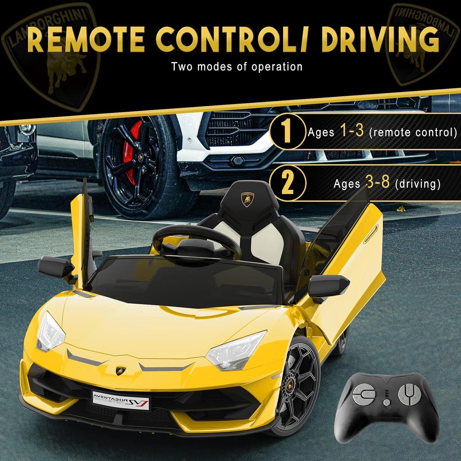 12V Licensed Lamborghini Ride-On Car with Remote Control and Hydraulic Doors Yellow - Image 2