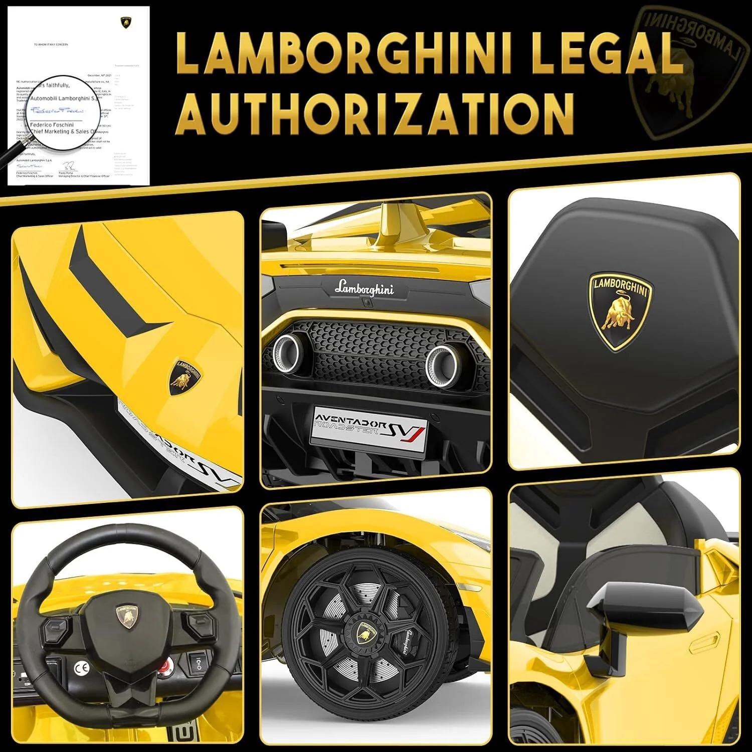 12V Licensed Lamborghini Ride-On Car with Remote Control and Hydraulic Doors Yellow - Image 6