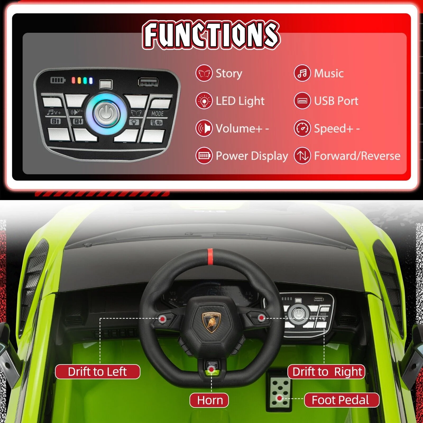 Licensed Lamborghini STO Ride On Car for Kids with RC and Music - 12V Electric Toy Vehicle - Image 9