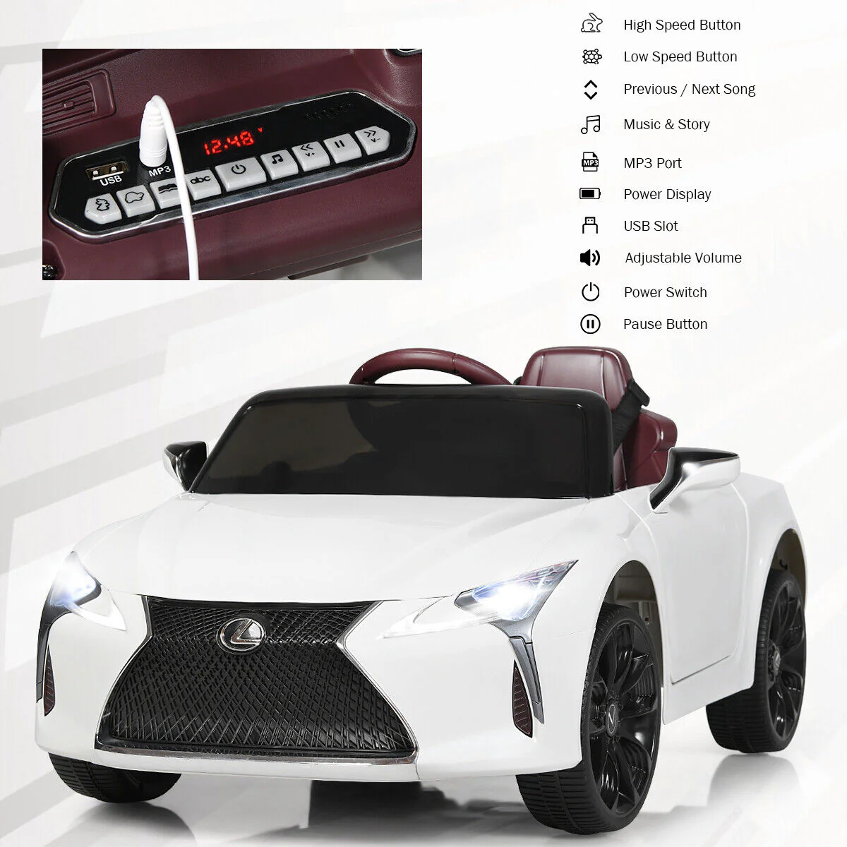 Licensed Lexus LC500 12V Kids Ride-On Car with Remote Control - White - Image 8