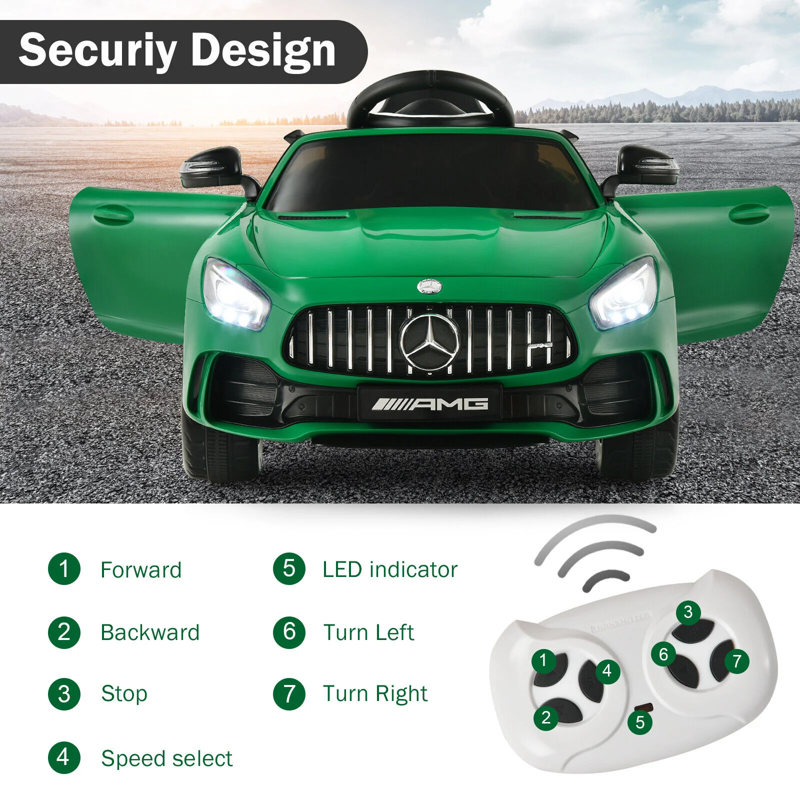 Licensed Mercedes Benz AMG GTR 12V Kids Ride On Car with Remote Control and MP3 Player - Green - Image 7
