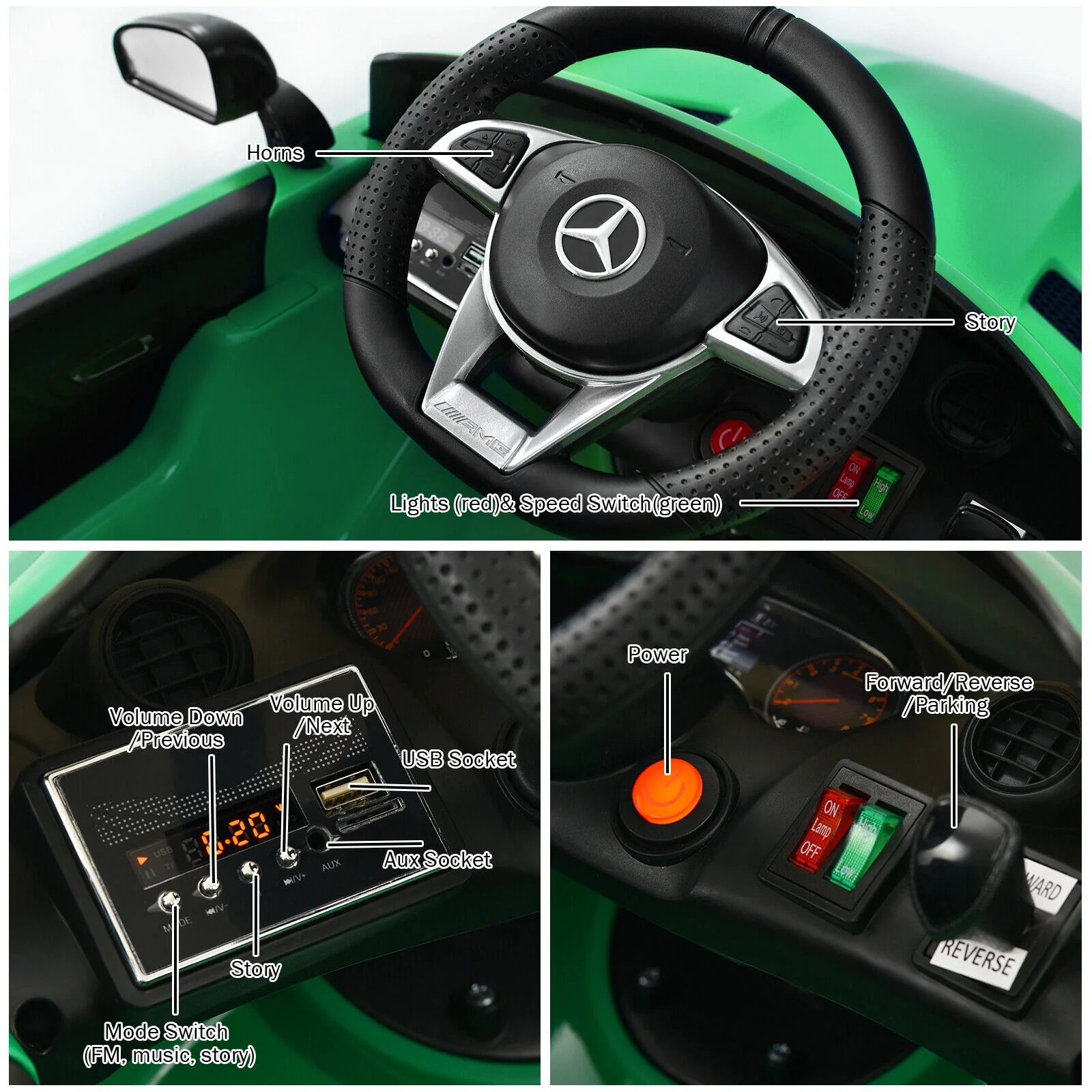 Licensed Mercedes Benz AMG GTR 12V Ride On Car with Remote Control & MP3 Player for Kids - Green - Image 11