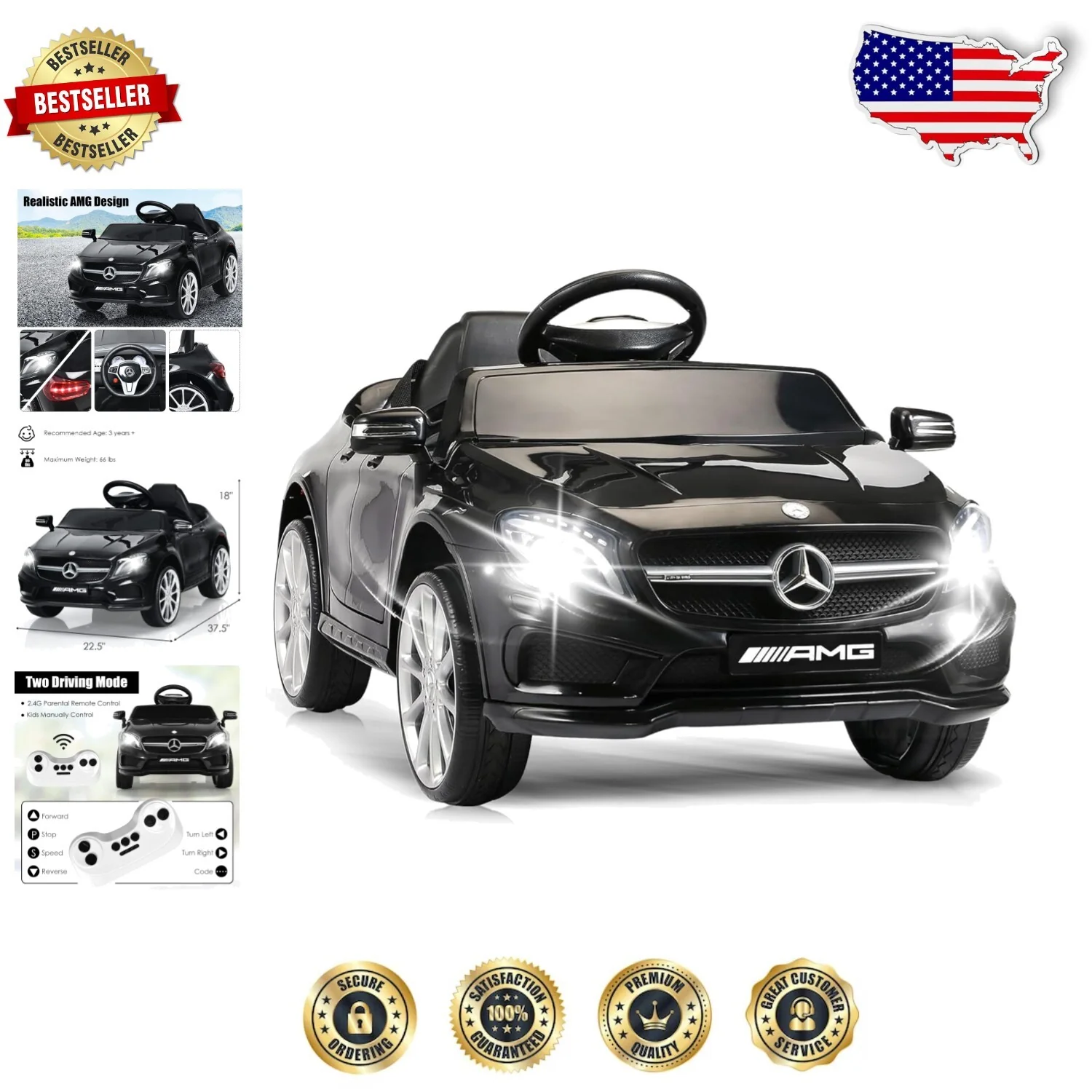 12V Electric Kids Ride-On Car with Remote Control, Black