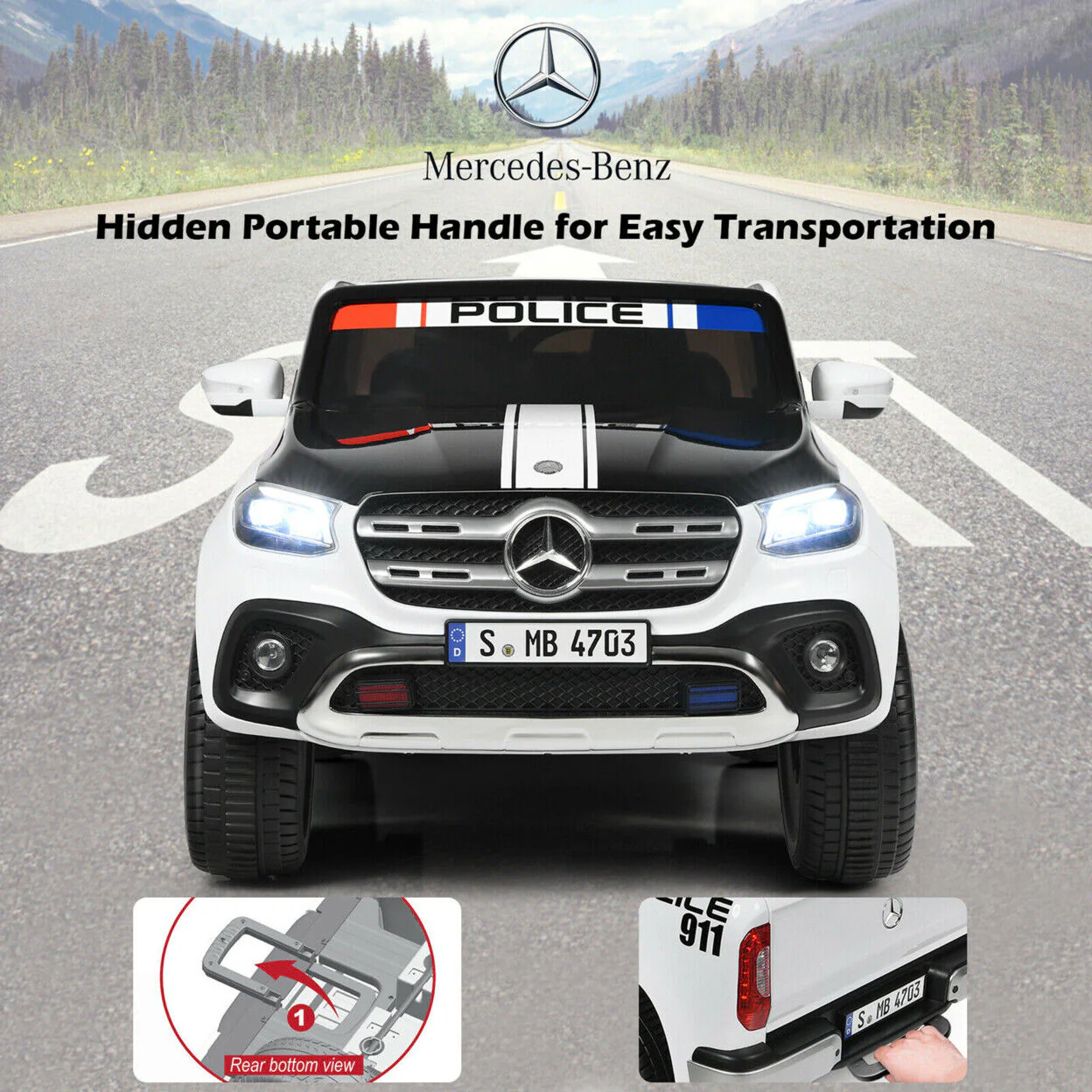 Licensed Mercedes Benz X Class 2-Seater Kids Ride On Police Car with Trunk - 12V RC Toy - Image 4