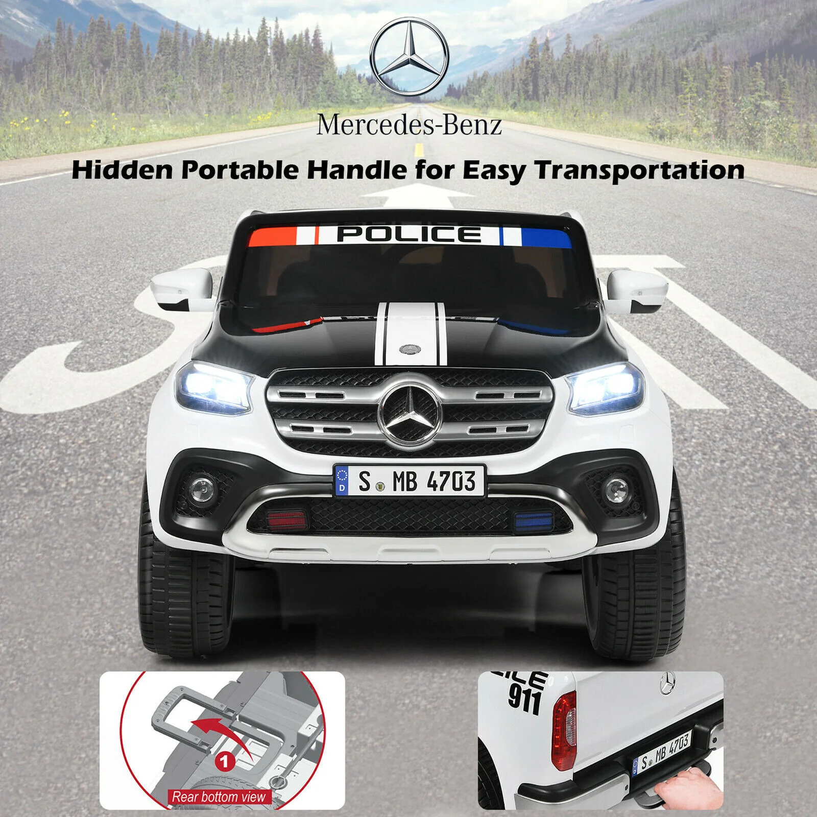 Licensed Mercedes Benz X Class RC 2-Seater Kids Police Car with Trunk - 12V - Image 4