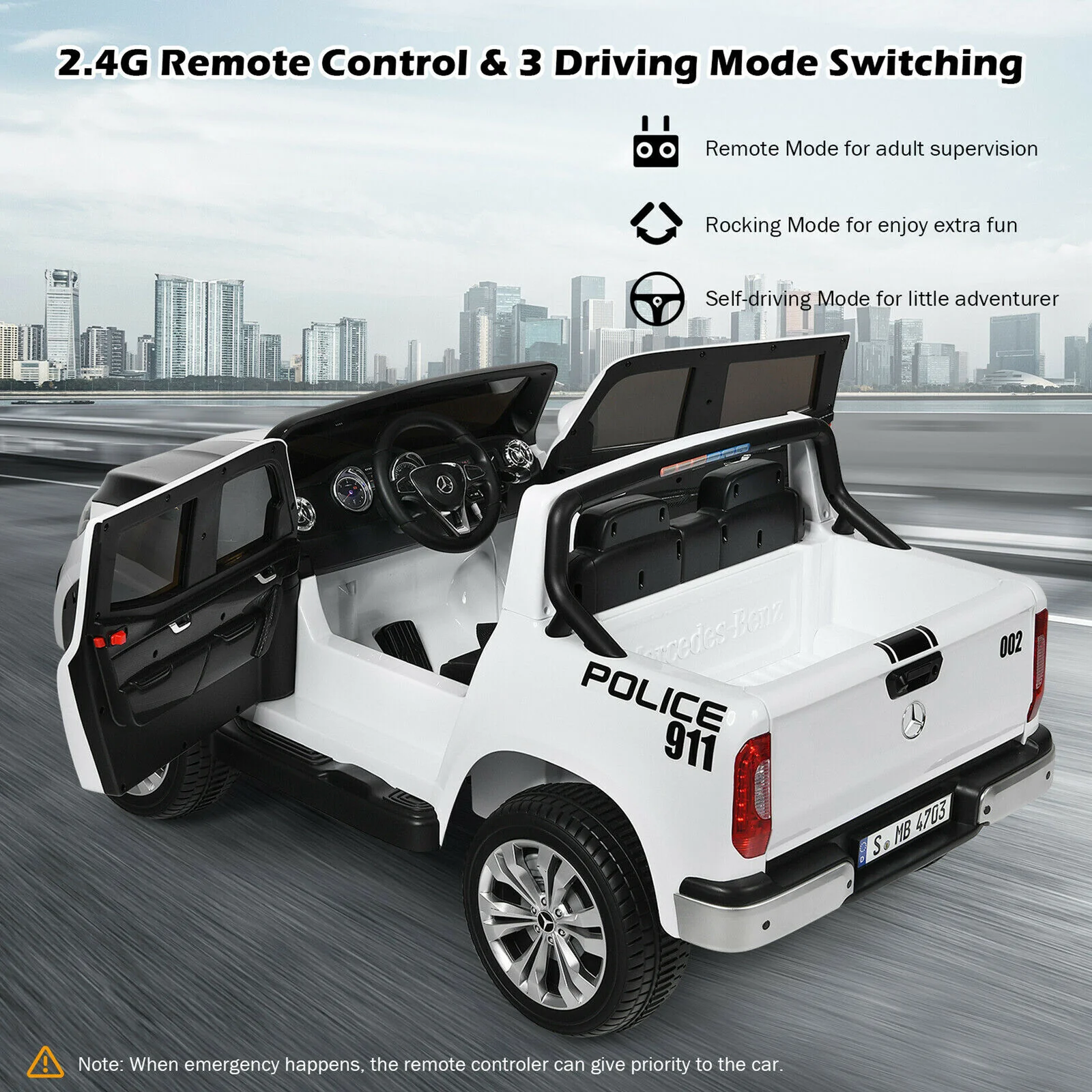 Licensed Mercedes Benz X Class RC 2-Seater Kids Police Car with Trunk - 12V - Image 7